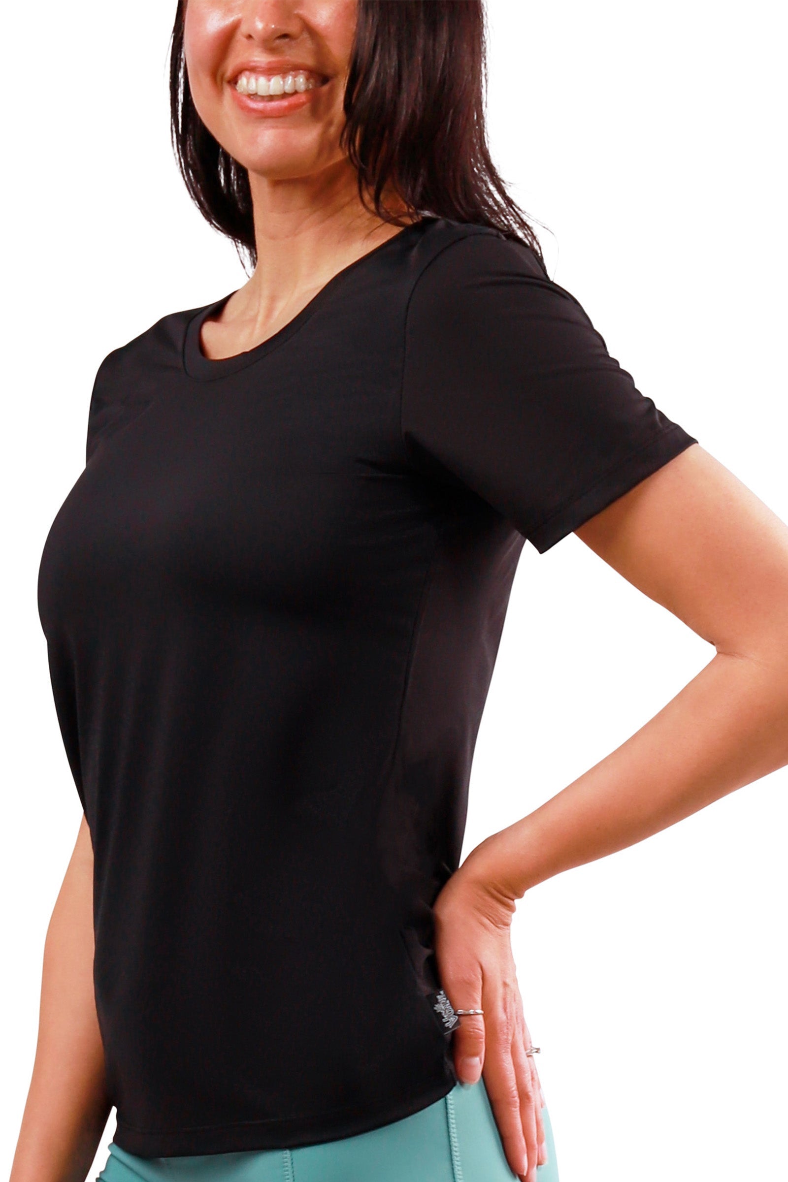 womens short sleeve active reverse neck tee in black|black