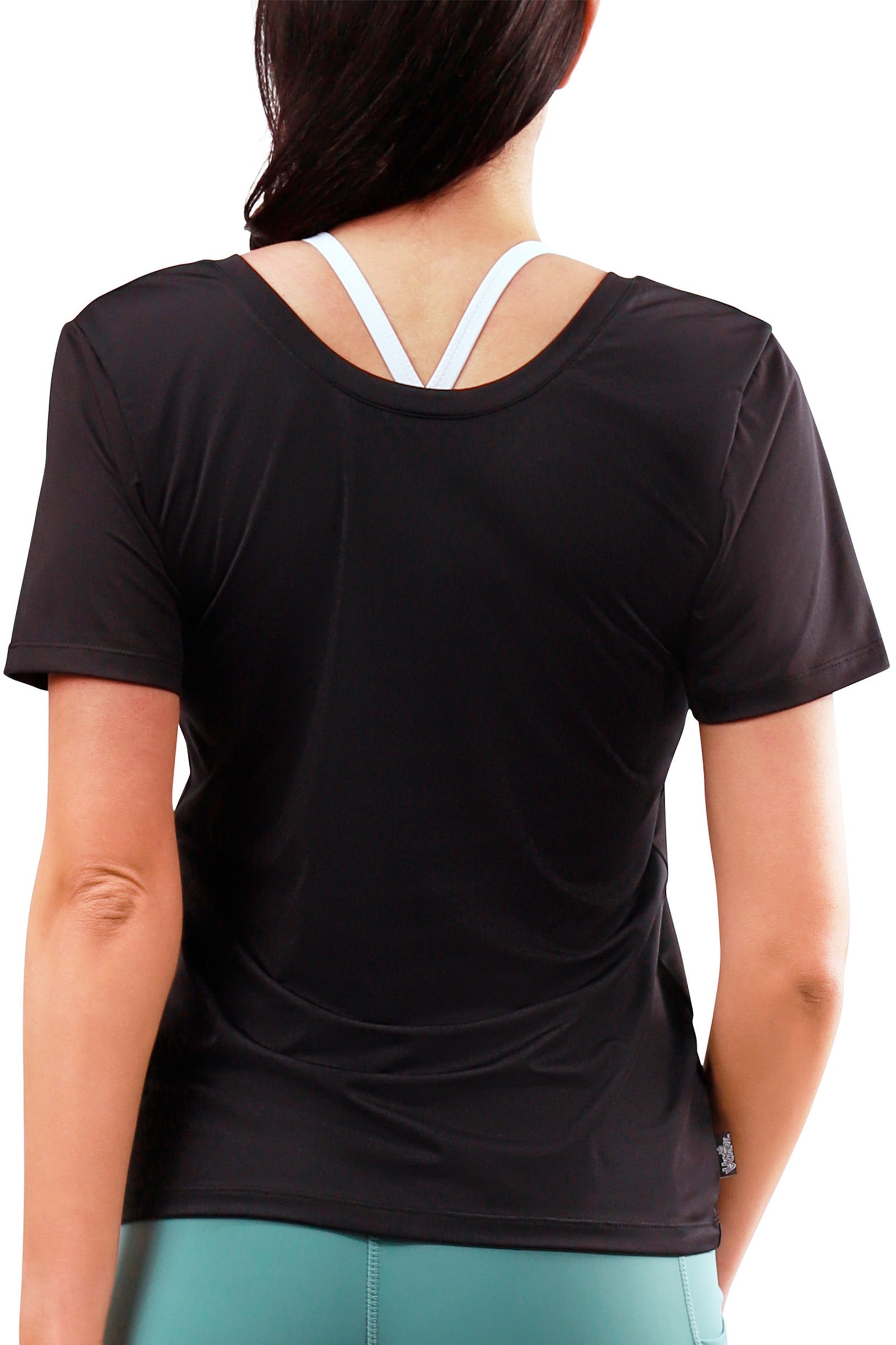 back view of womens short sleeve active reverse neck tee in black|black