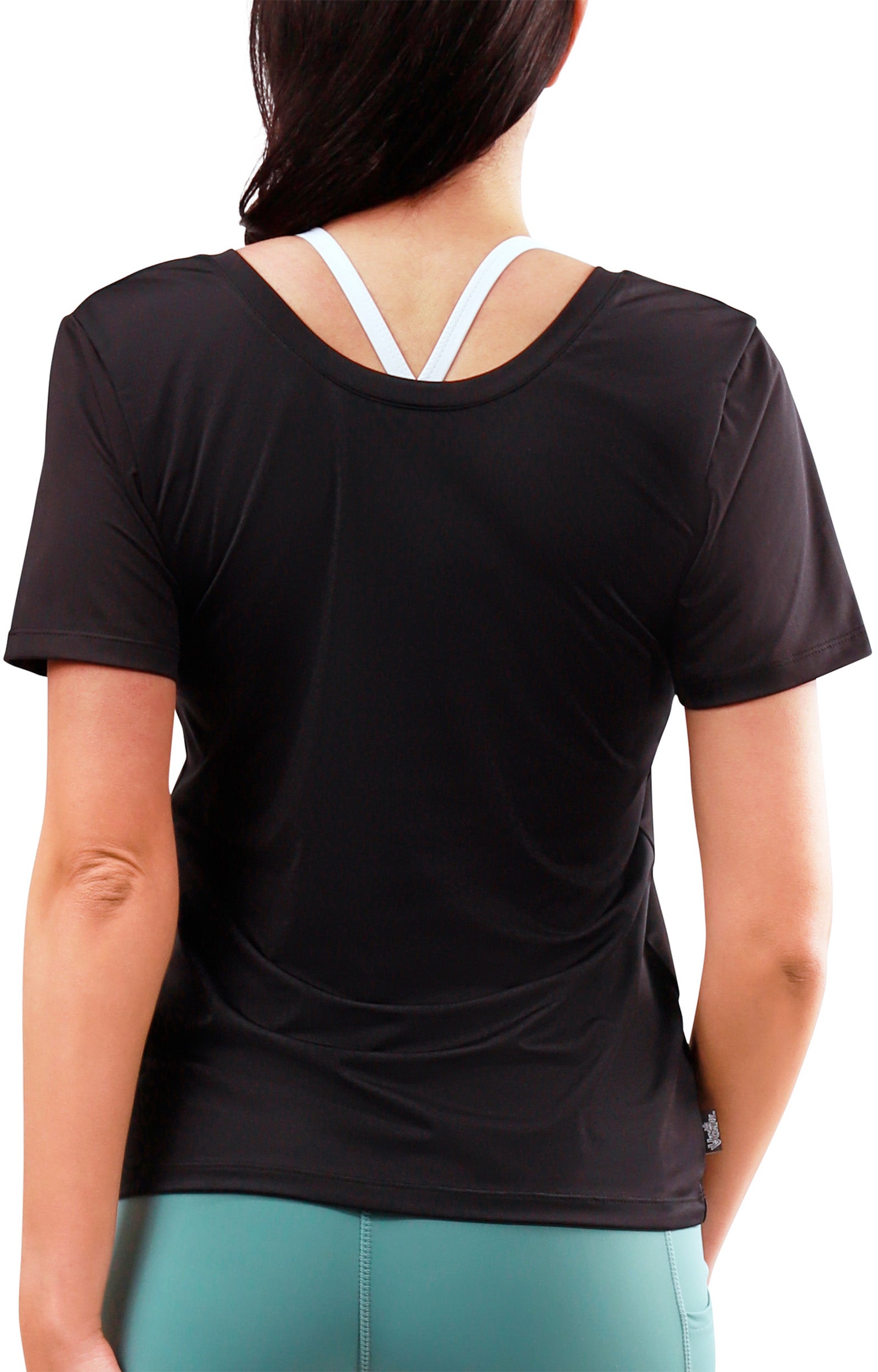 back view of womens short sleeve active reverse neck tee in black|black
