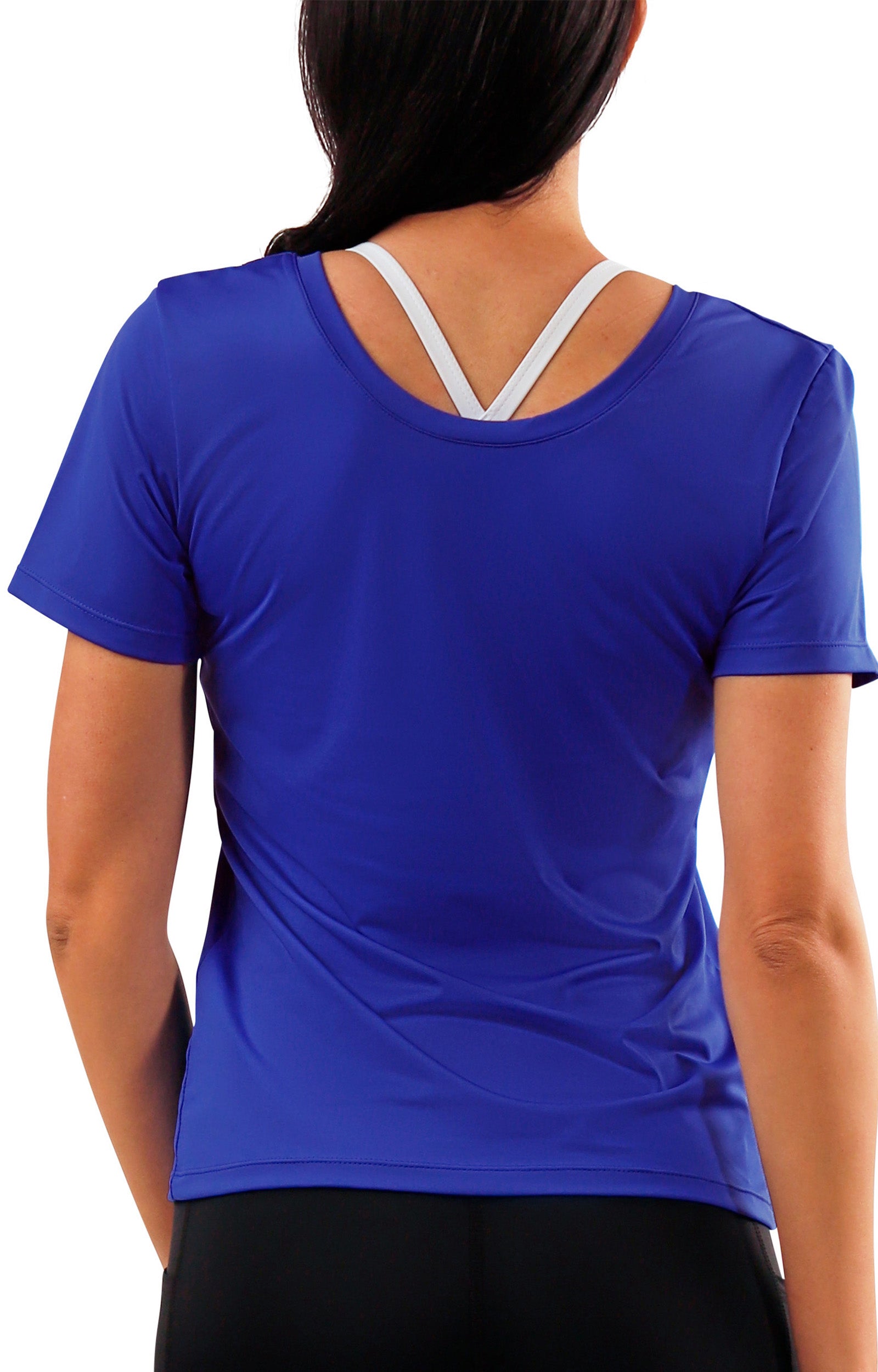 back view of womens short sleeve active reverse neck tee in deep sea|deep-sea