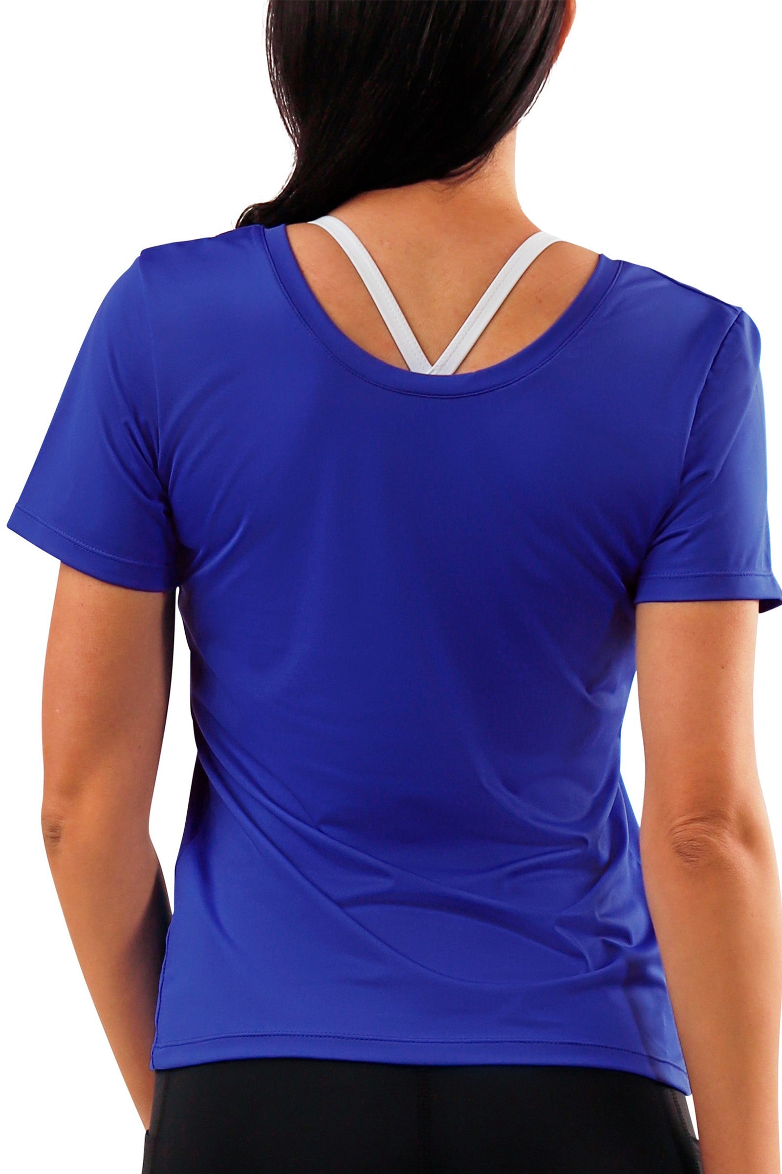 back view of womens short sleeve active reverse neck tee in deep sea|deep-sea