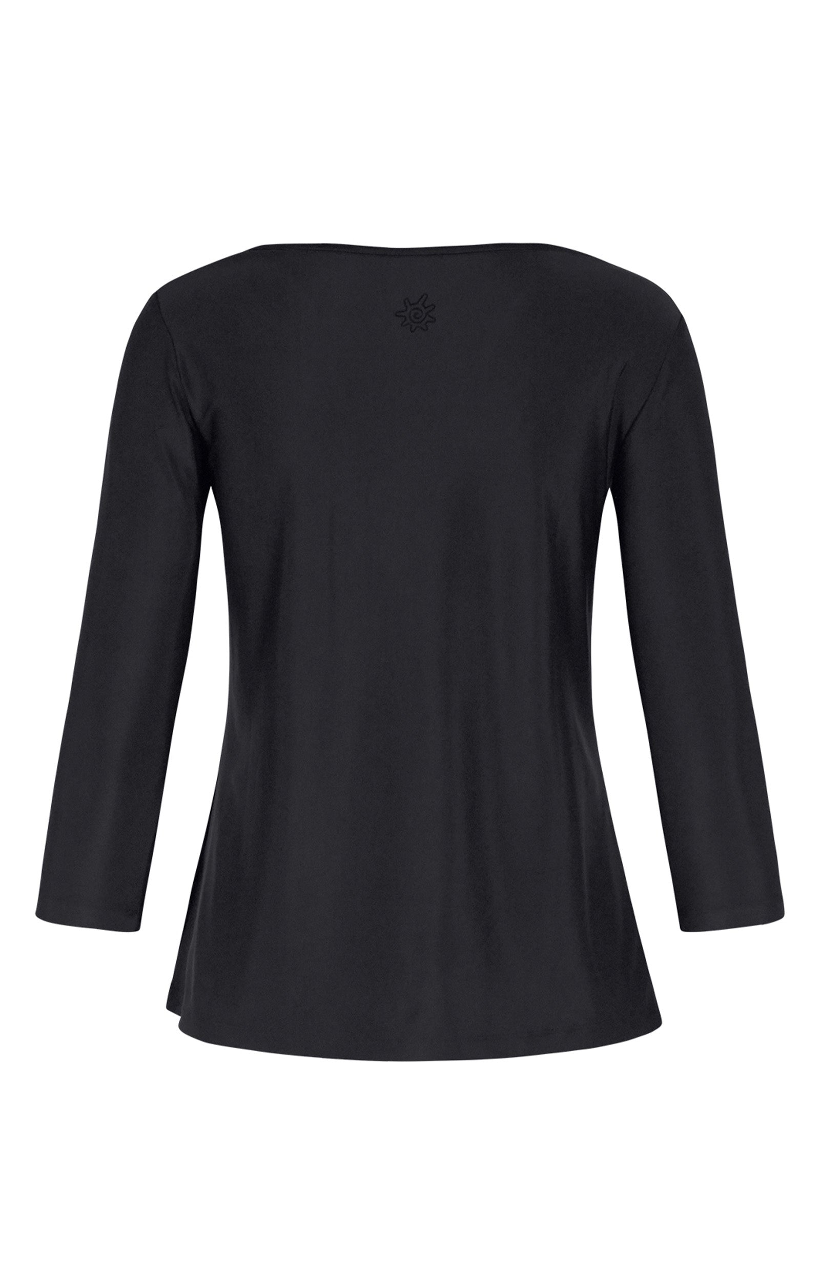 Back of the Women's 3/4 Sleeve Scoop Swing Top in Black|black