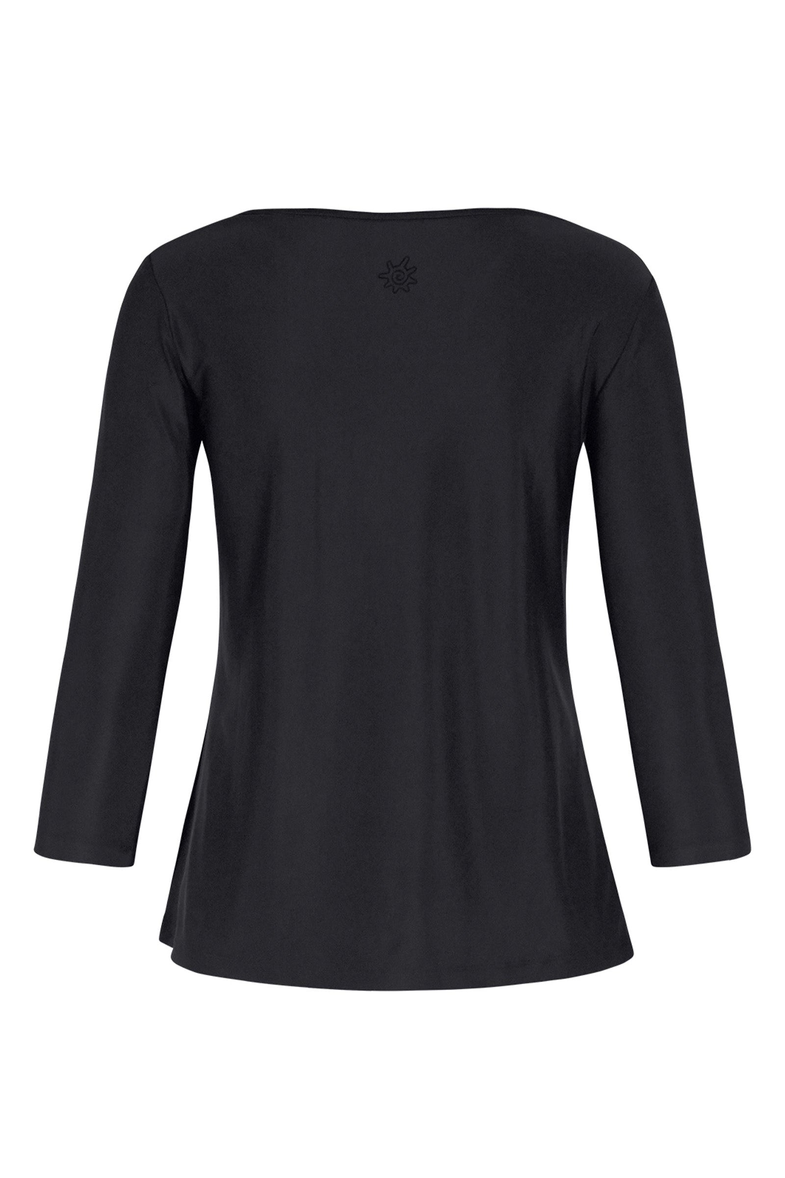 Back of the Women's 3/4 Sleeve Scoop Swing Top in Black|black