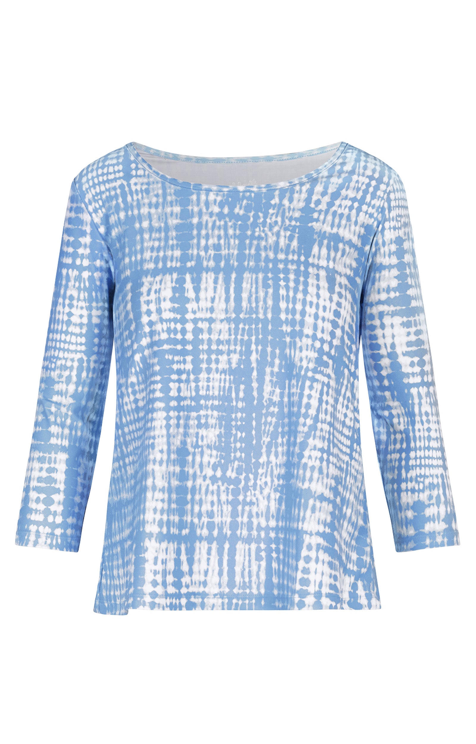 Women's 3/4 Sleeve Scoop Swing Top in Clear Sky Tie Dye|clear-sky-tie-dye
