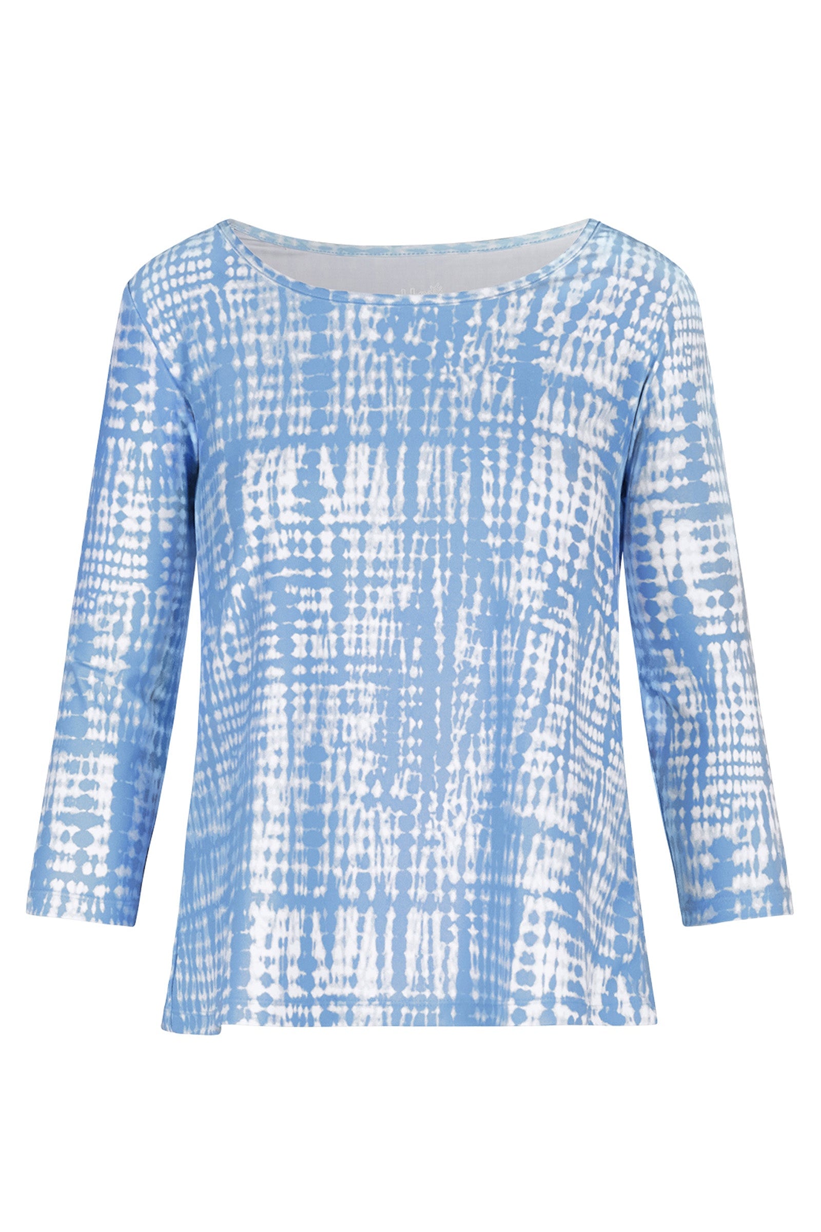 Women's 3/4 Sleeve Scoop Swing Top in Clear Sky Tie Dye|clear-sky-tie-dye