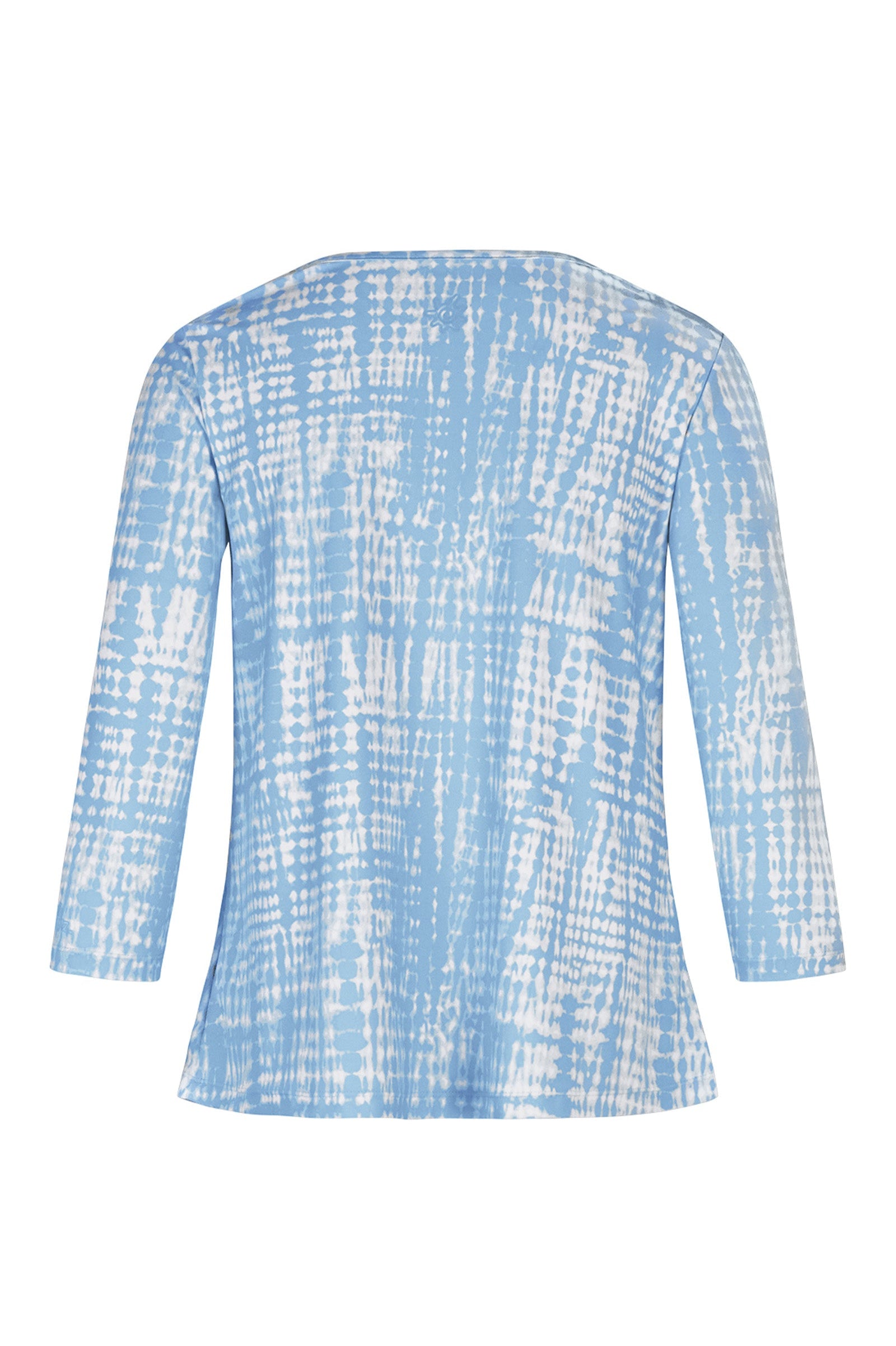 Back of the Women's 3/4 Sleeve Scoop Swing Top in Clear Sky Tie Dye|clear-sky-tie-dye