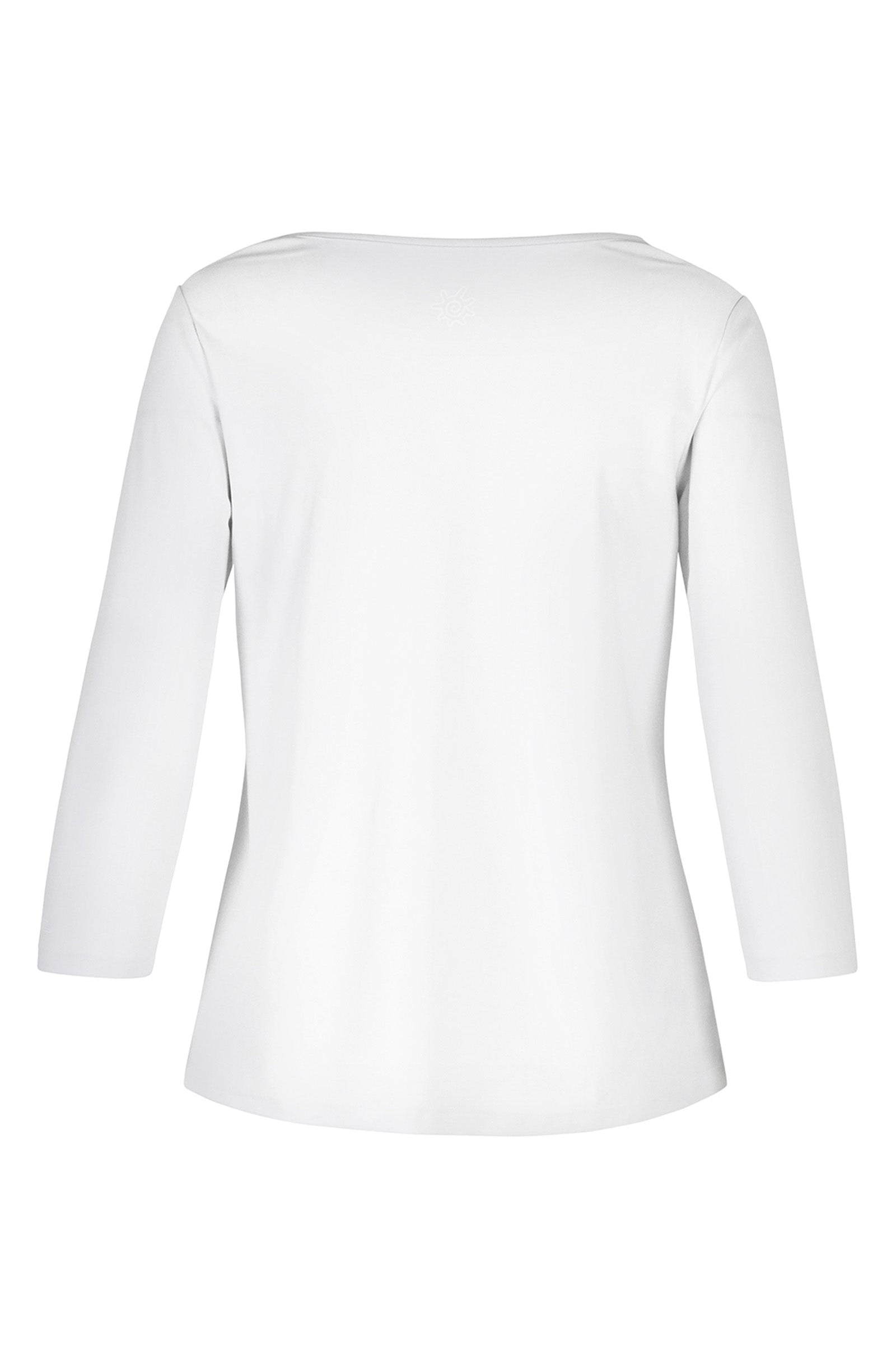 Back of the Women's 3/4 Sleeve Scoop Swing Top in White|white