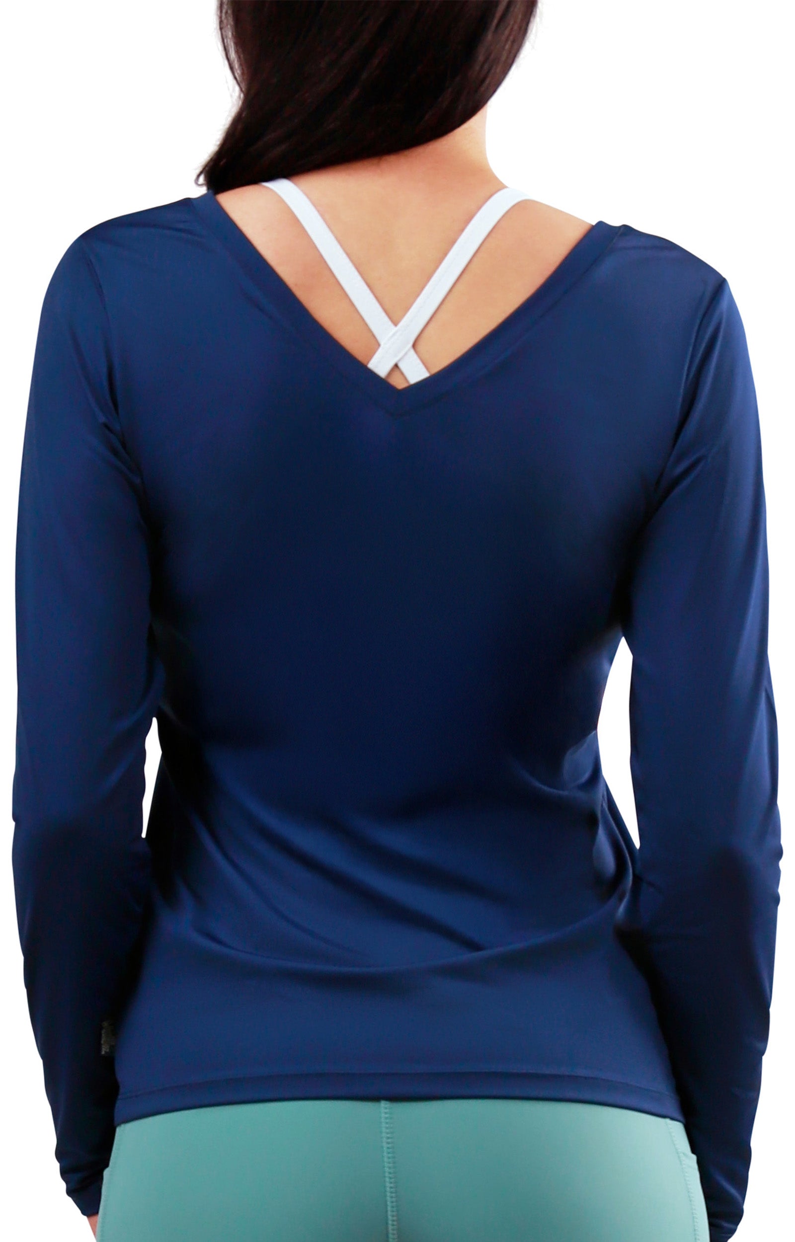 back view of womens long sleeve reverse neck tee|dark-navy