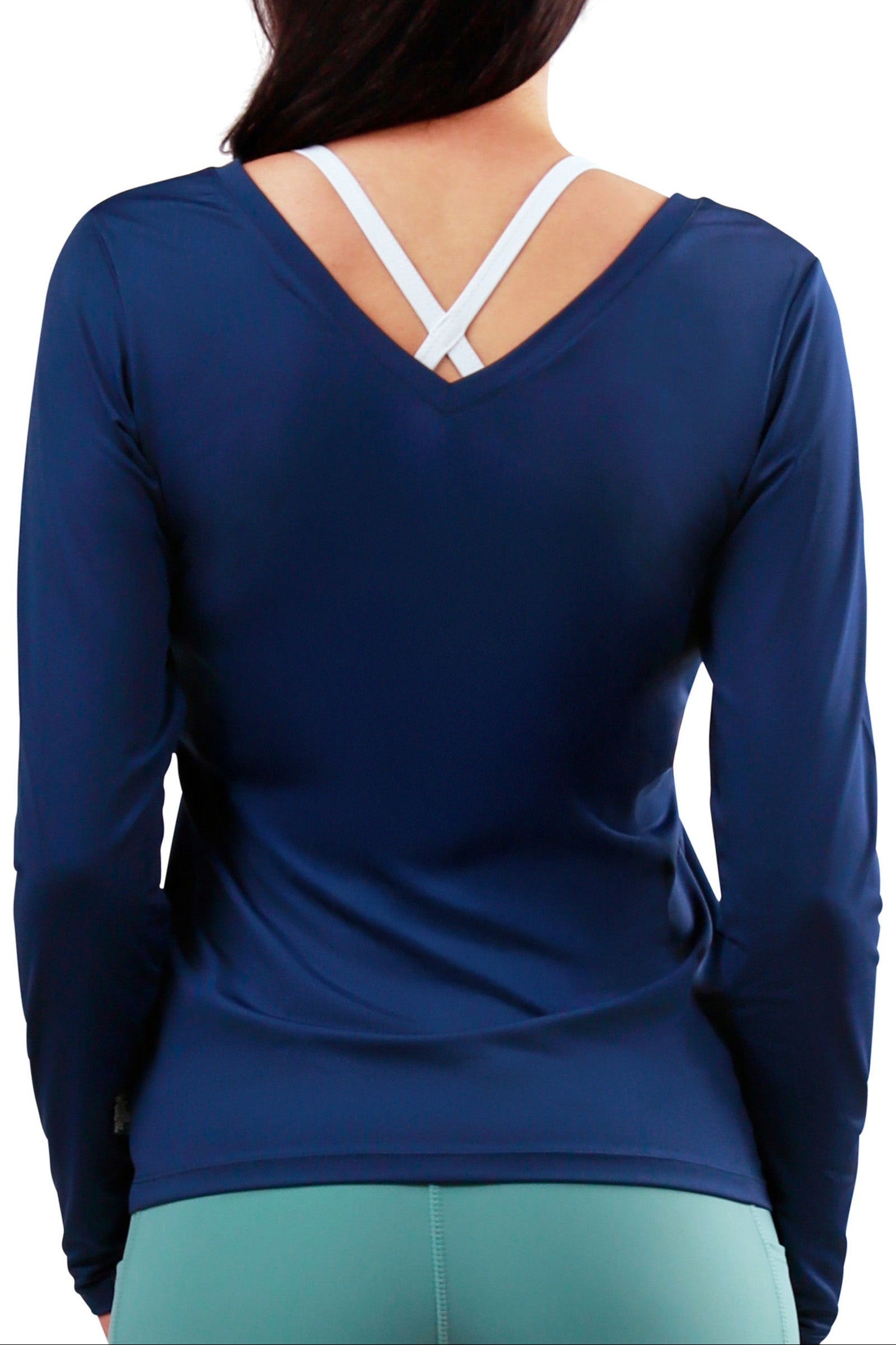 back view of womens long sleeve reverse neck tee|dark-navy