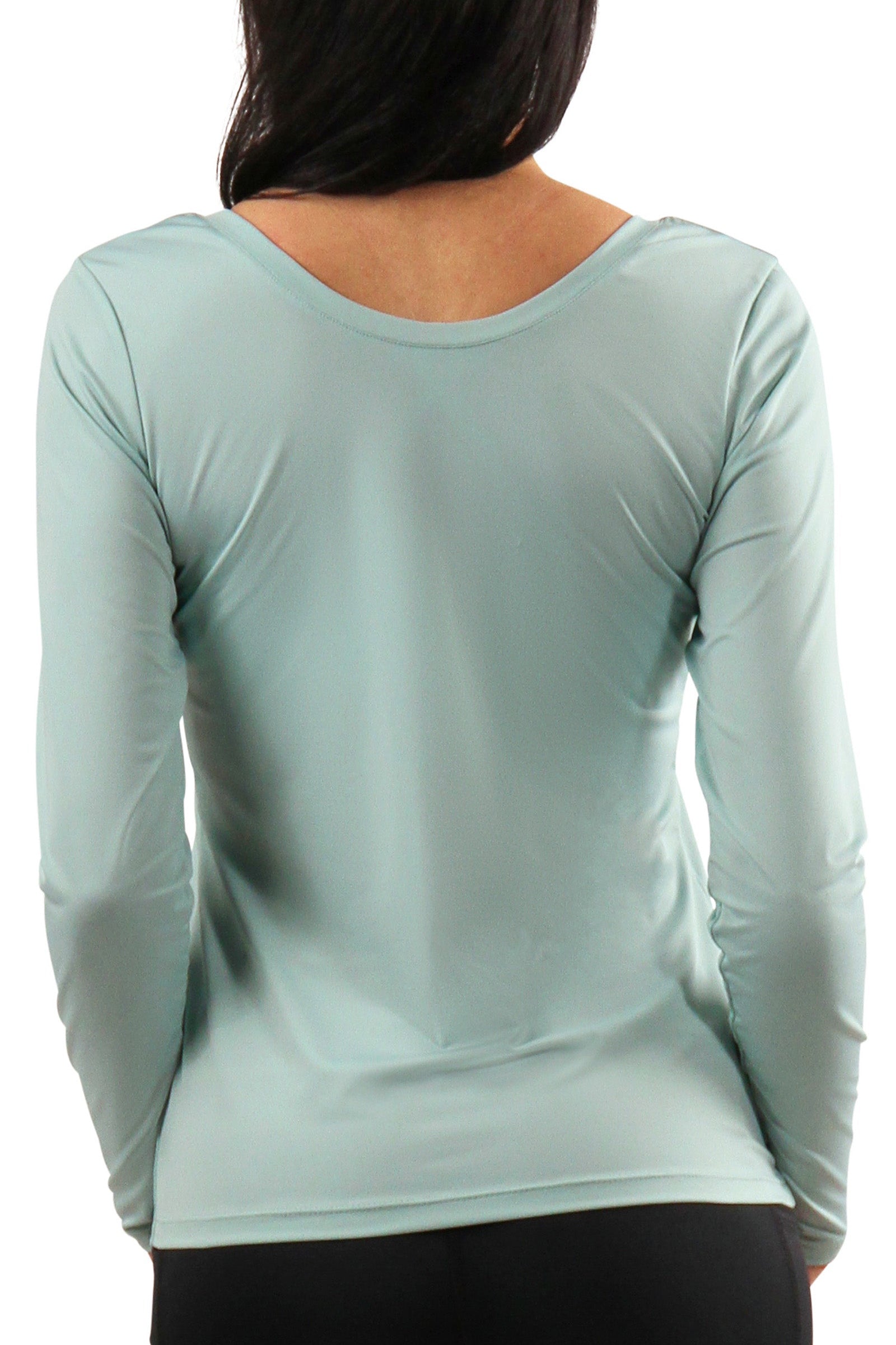 back view of womens long sleeve active reverse neck tee|dewdrop