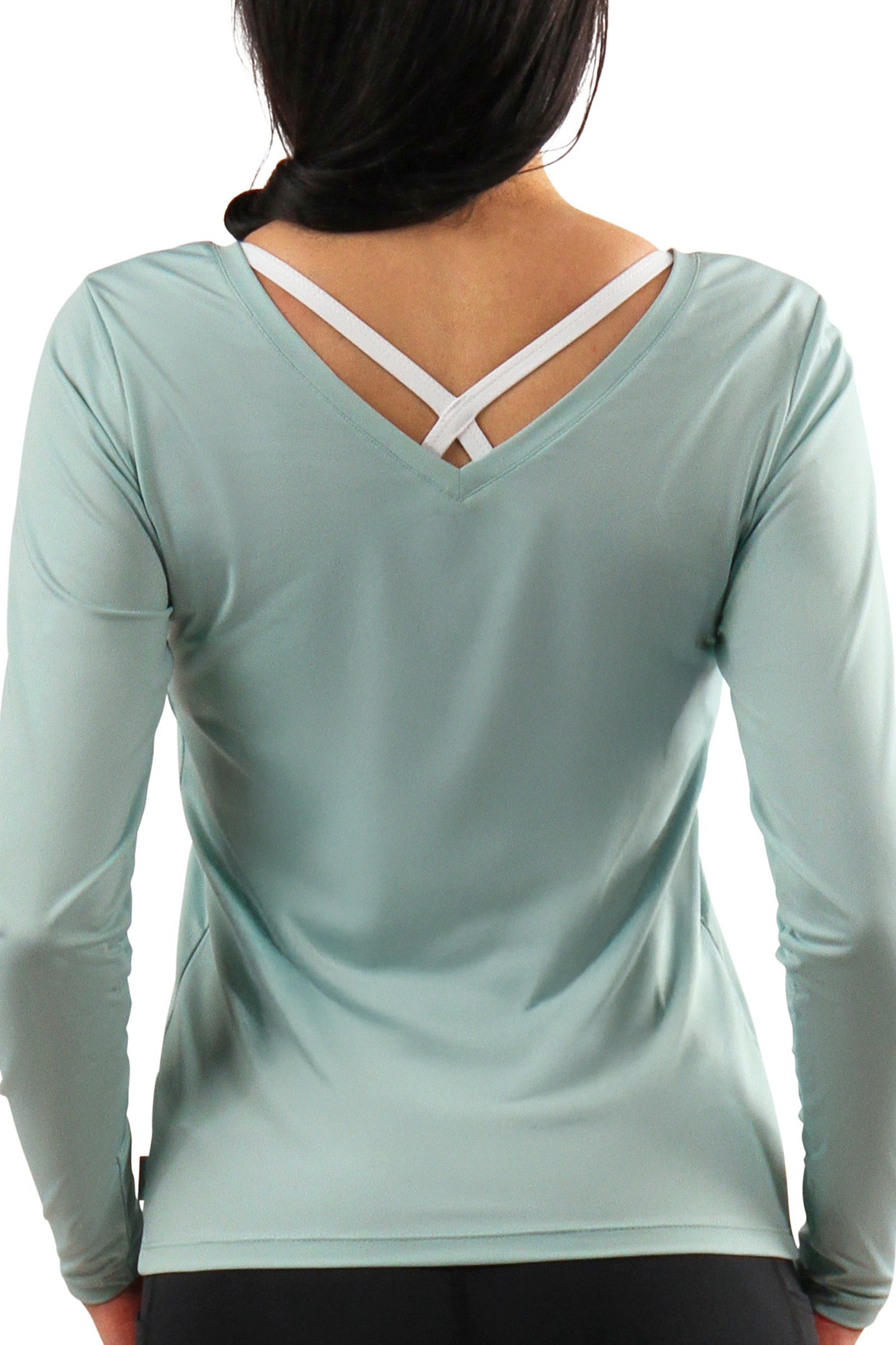 back view of womens long sleeve active reverse neck tee|dewdrop