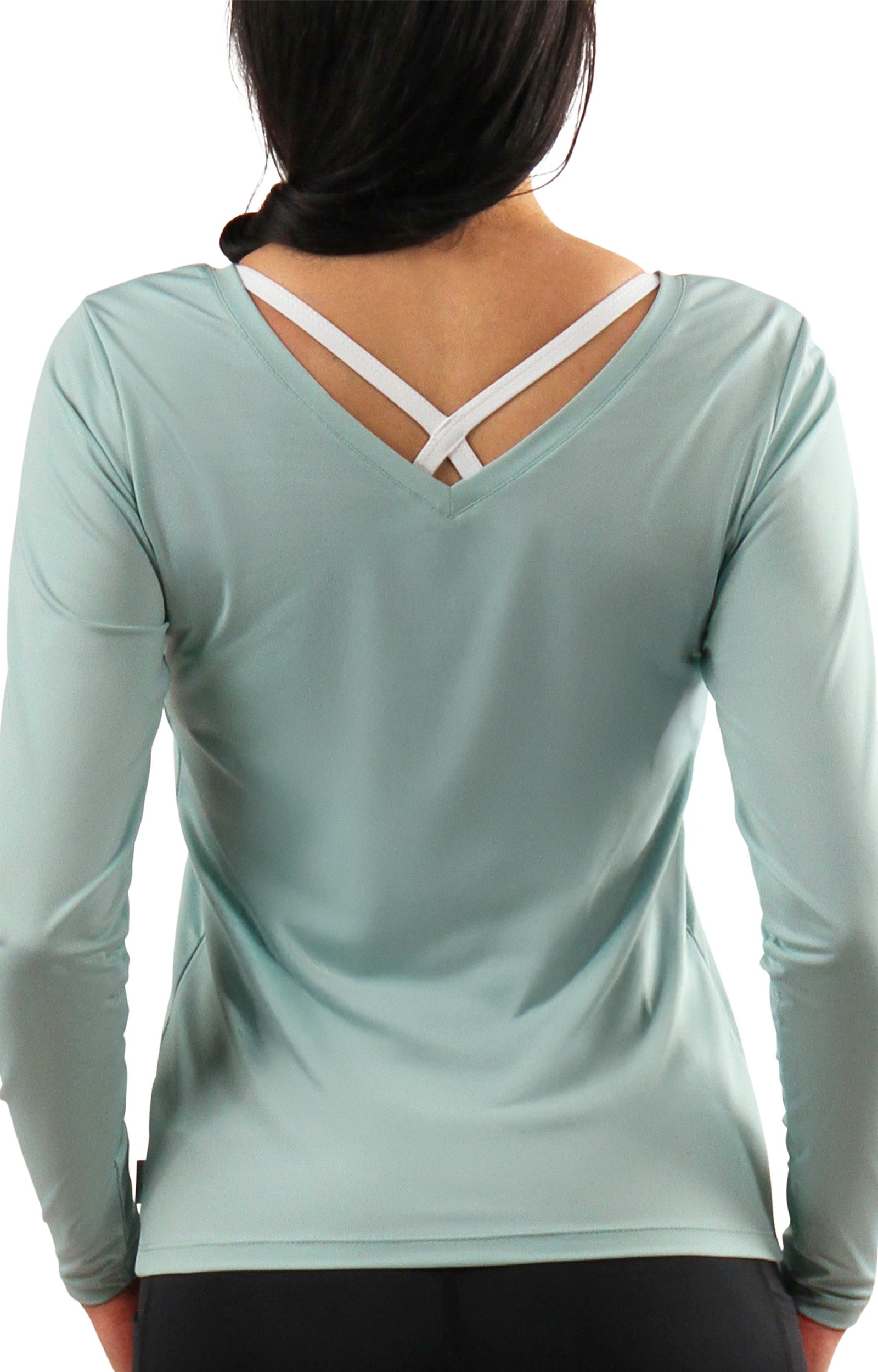 back view of womens long sleeve active reverse neck tee|dewdrop