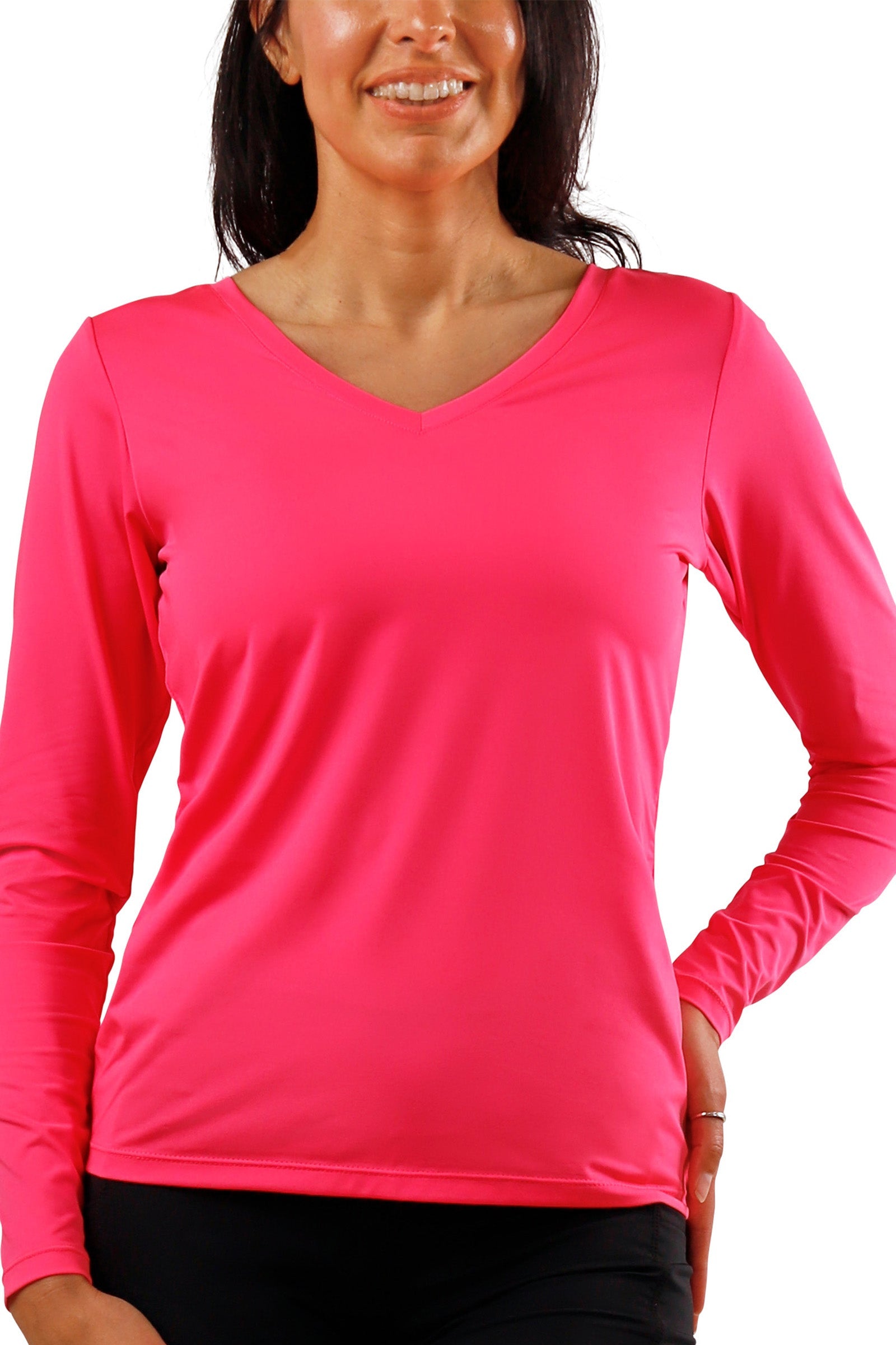 womens long sleeve active reverse neck tee|neon-pink