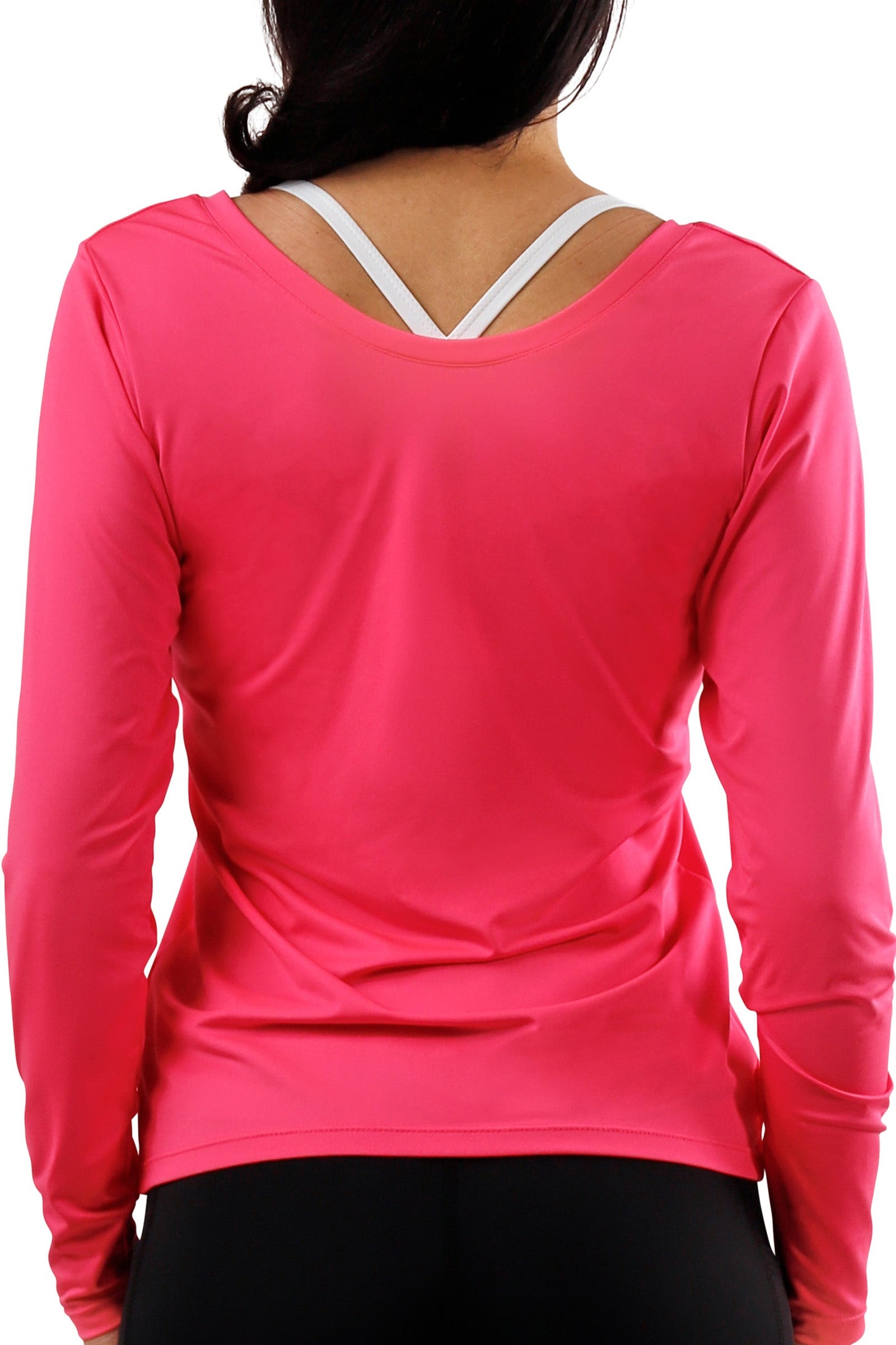 back view of womens long sleeve active reverse neck tee|white