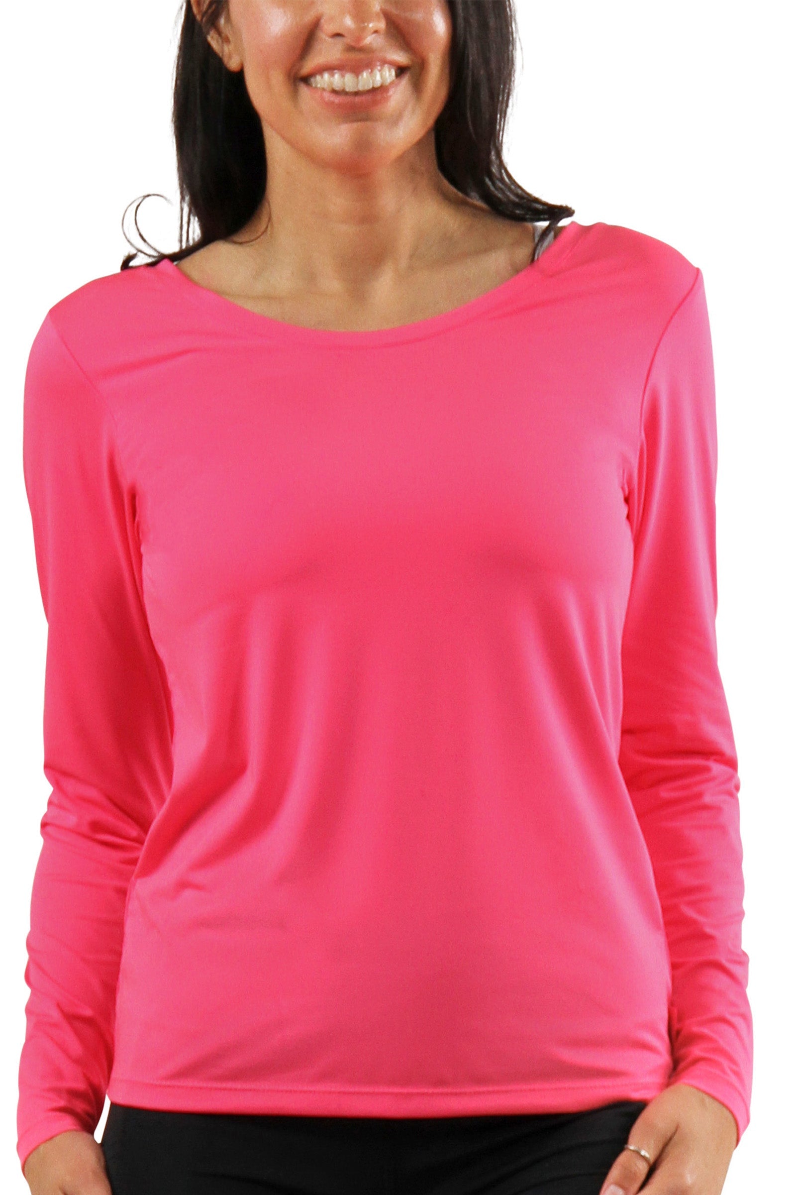 womens long sleeve active reverse neck tee|neon-pink