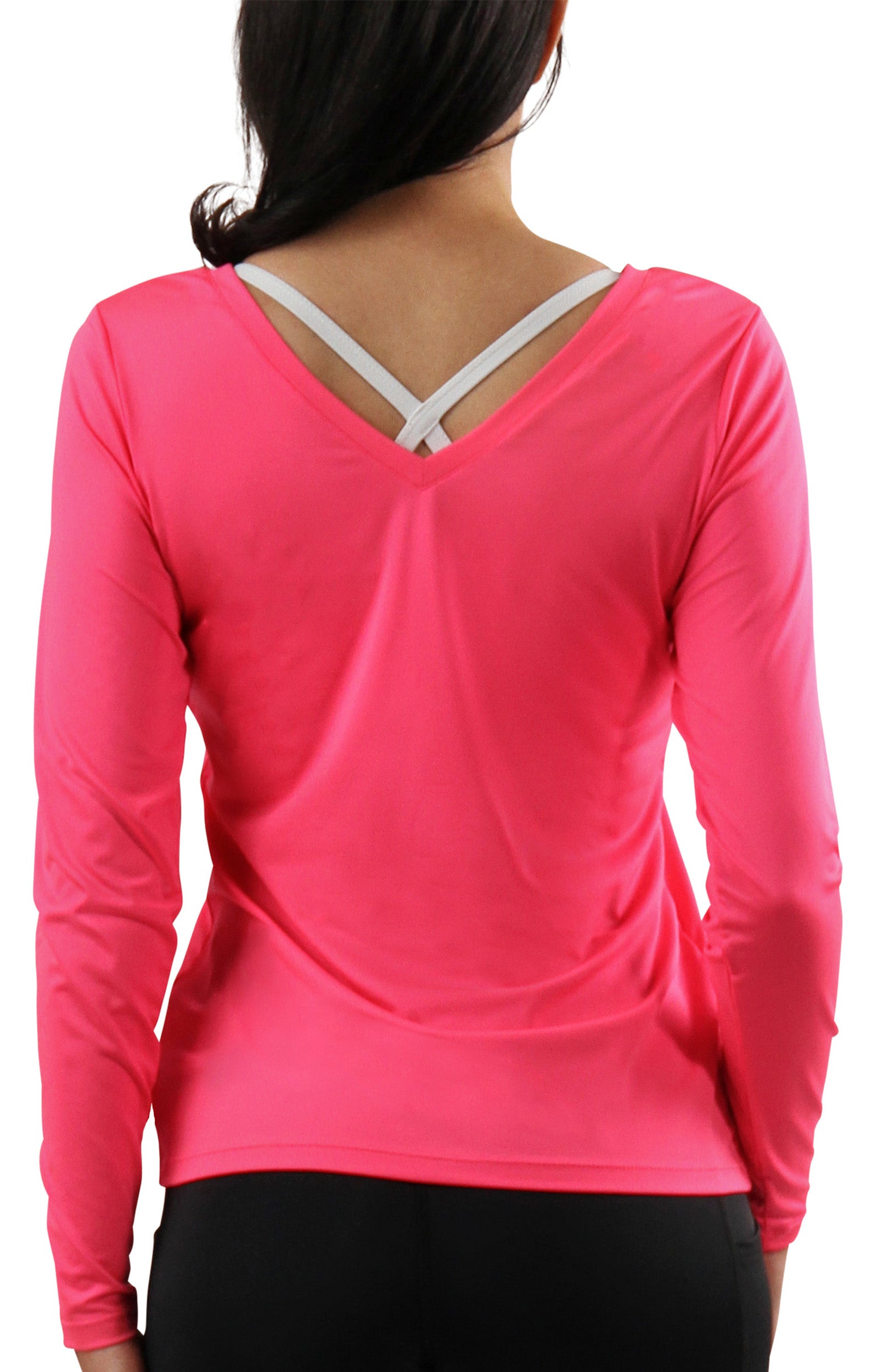 back of womens long sleeve active reverse neck tee|neon-pink