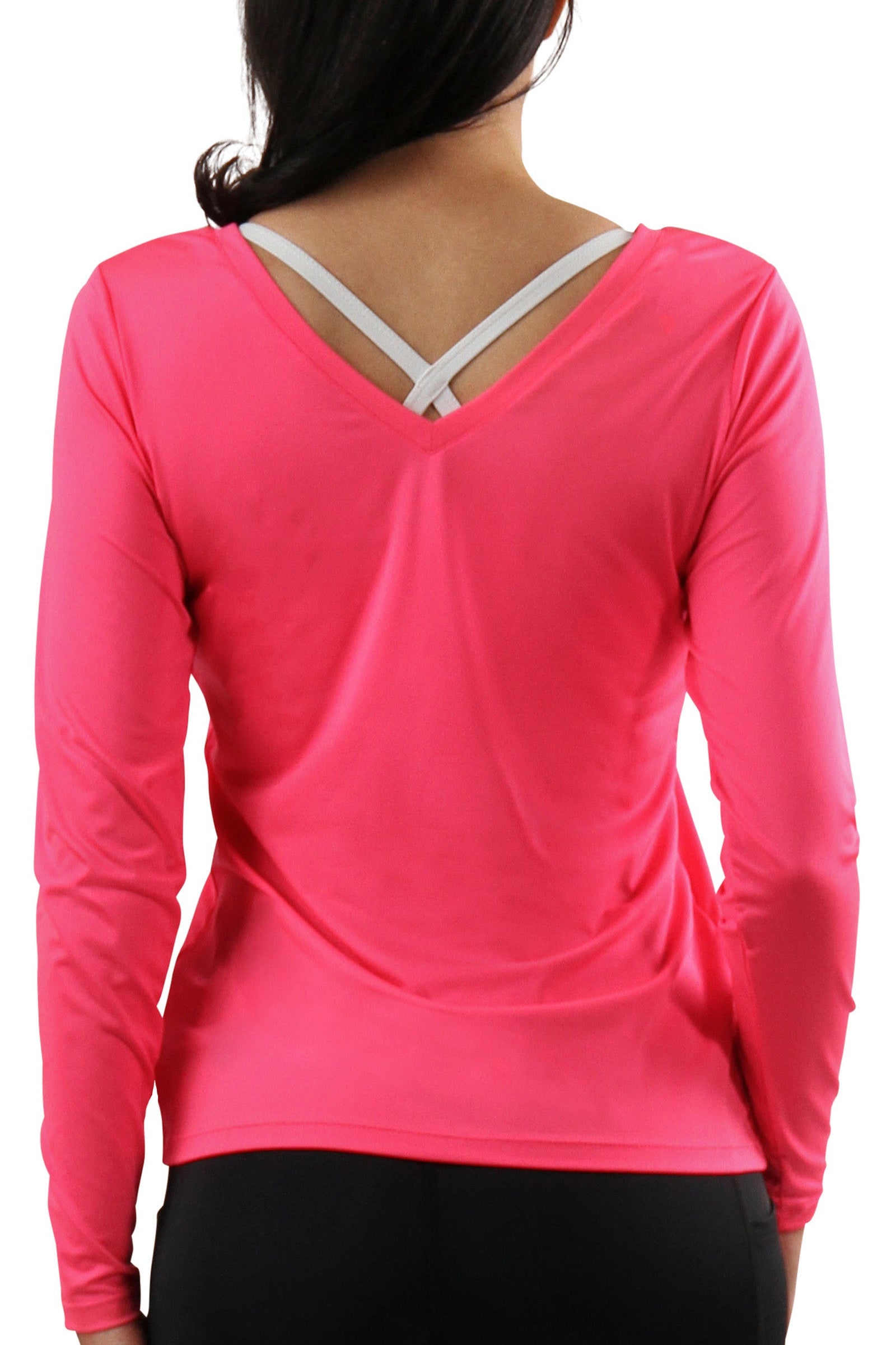 back of womens long sleeve active reverse neck tee|neon-pink