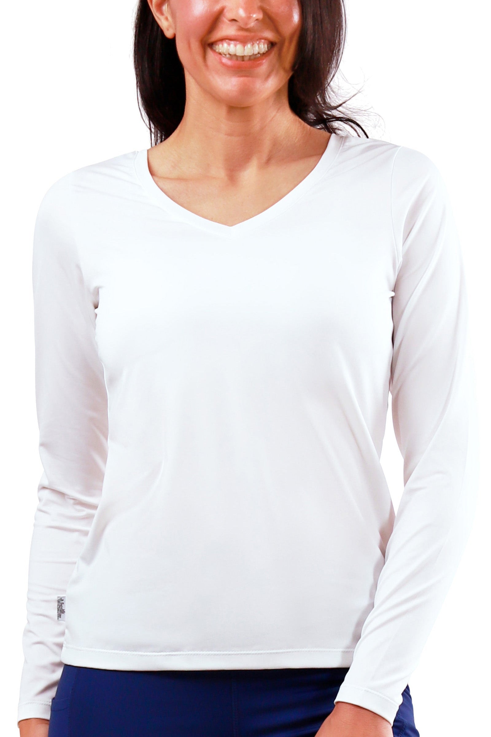 womens long sleeve active reverse neck tee|white
