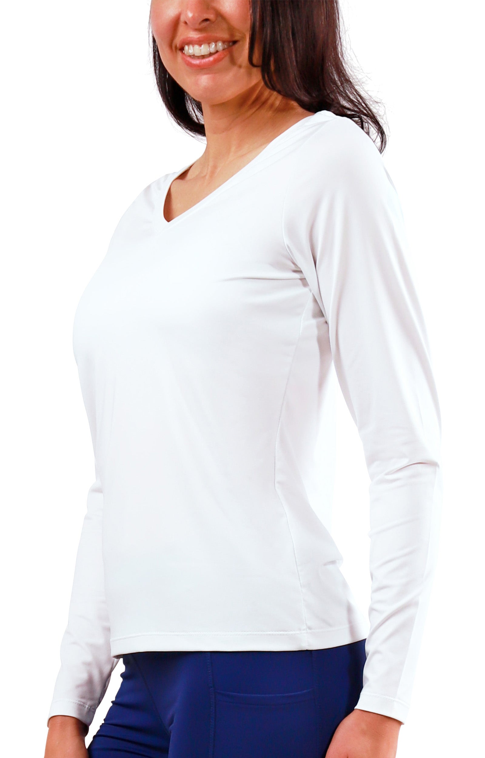 side view of womens long sleeve active reverse neck tee|white