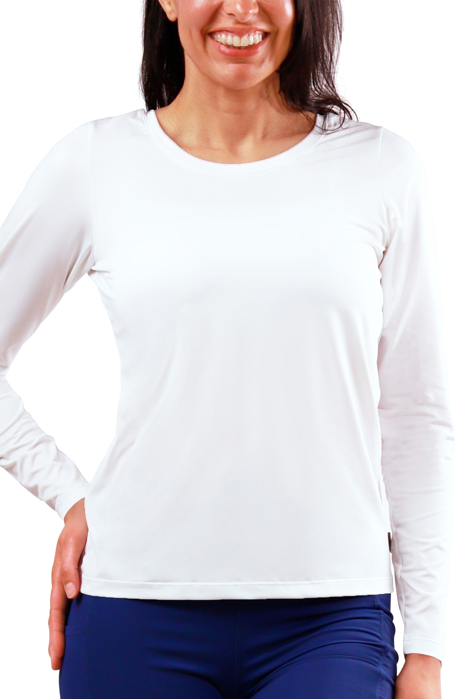 womens long sleeve active reverse neck tee|white