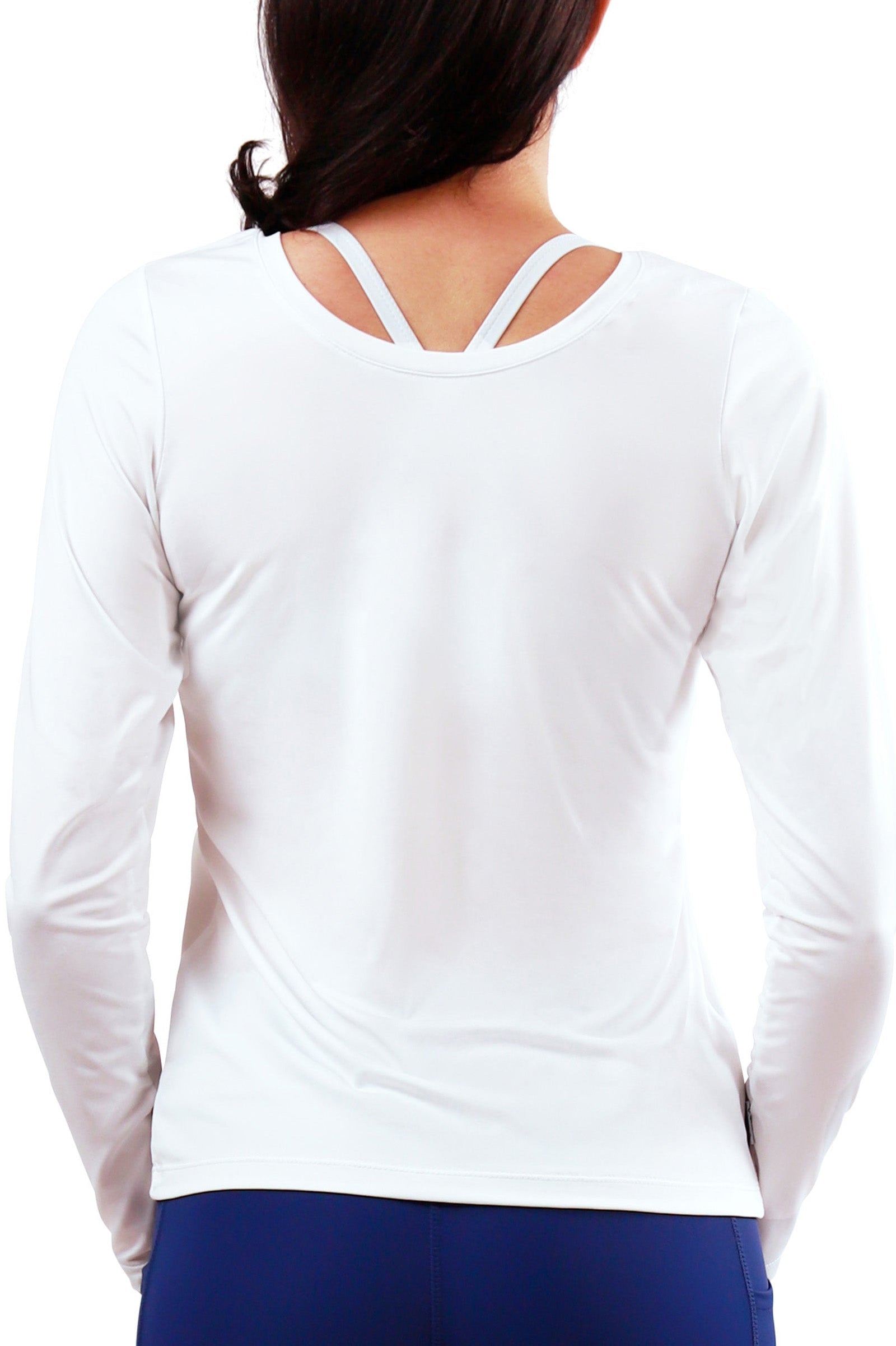 back of the womens long sleeve active reverse neck tee|white