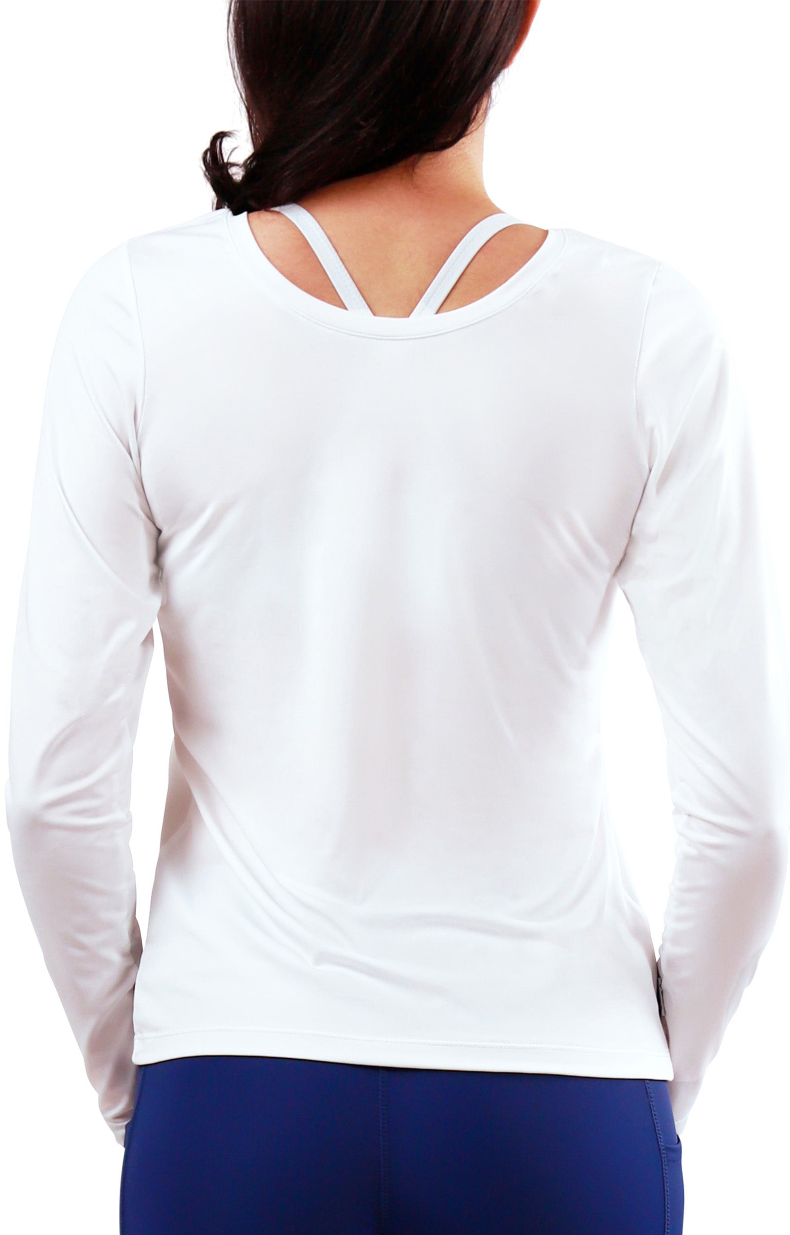 back of the womens long sleeve active reverse neck tee|white