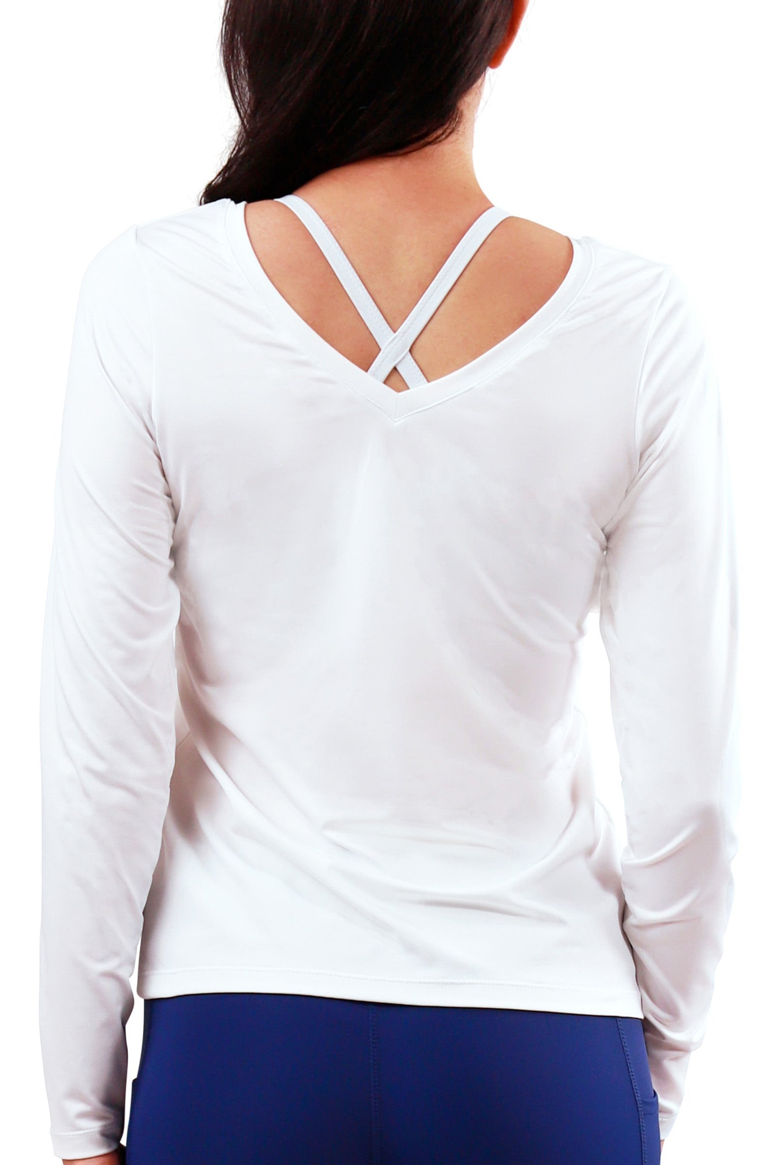 back view of womens long sleeve active reverse neck tee|white