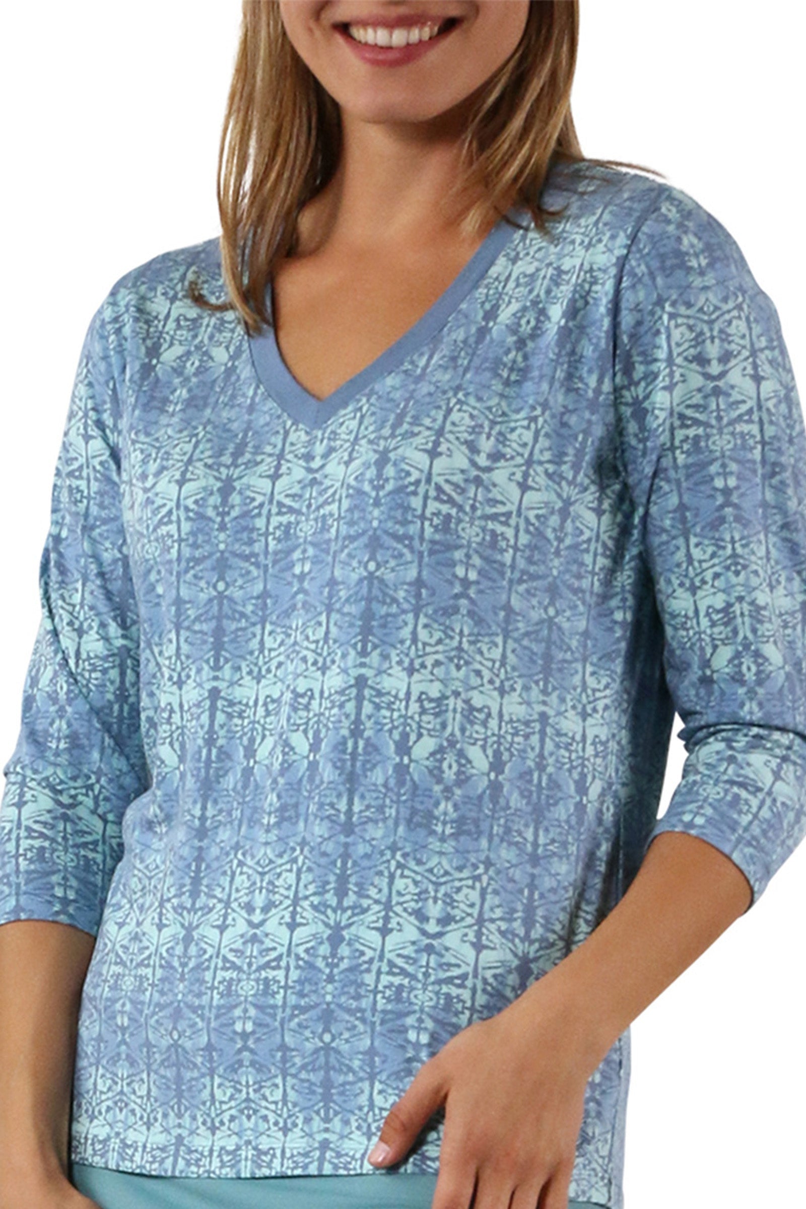 Women's 3/4 Sleeve V-Neck R&R Tee in Baltic Kaleidoscope|baltic-kaleidoscope
