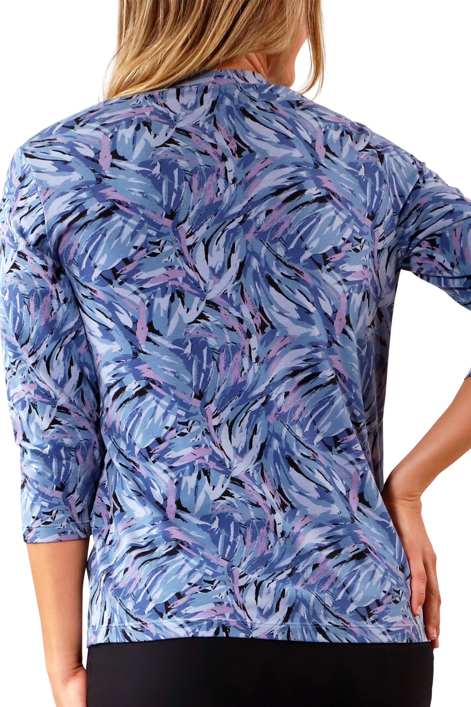 back view of womens vneck r&r tee in brushstrokes|brushstrokes