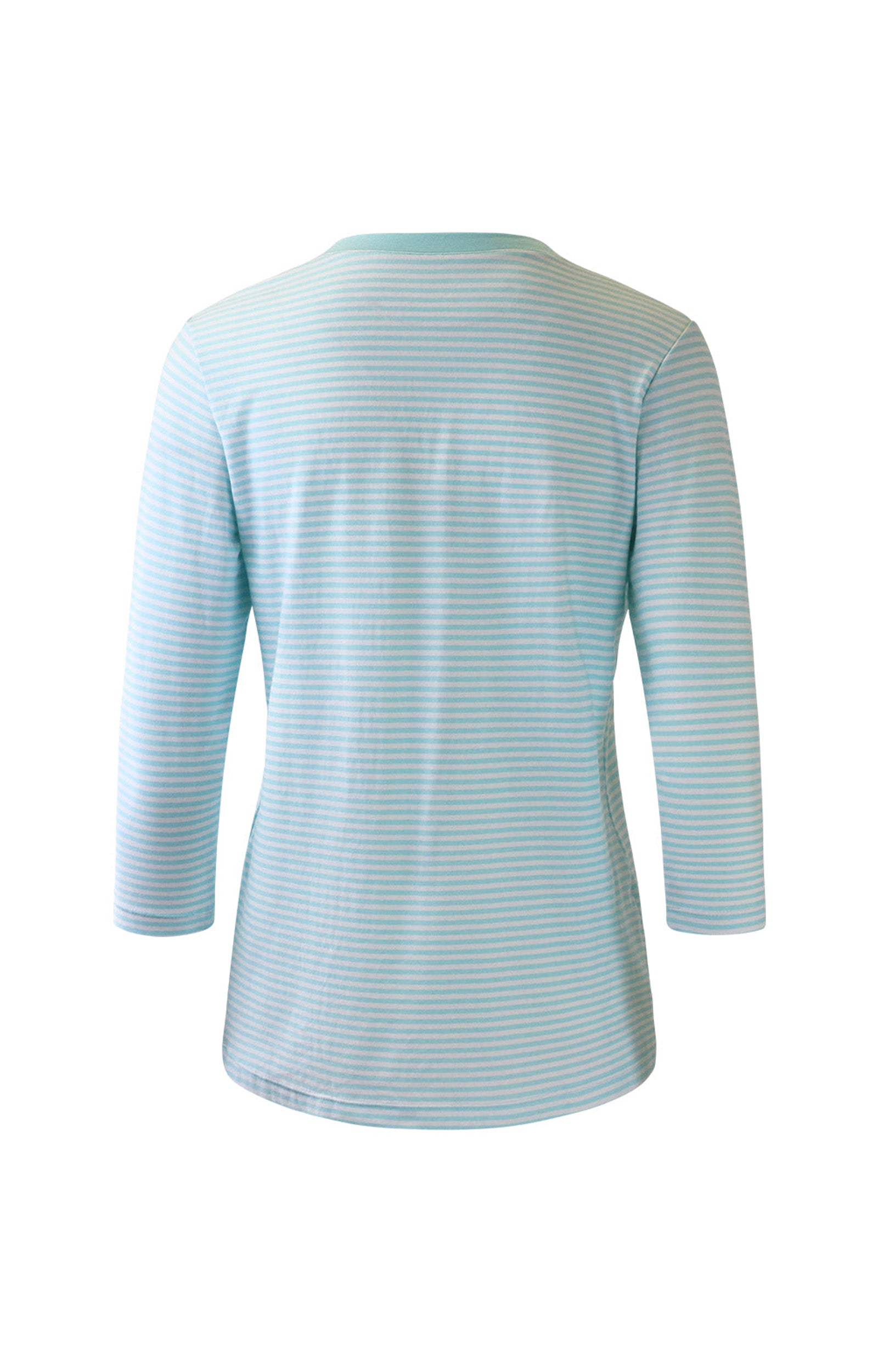 Back of the Women's 3/4 Sleeve V-Neck R&R Tee in Glacier Stripe|glacier-stripe