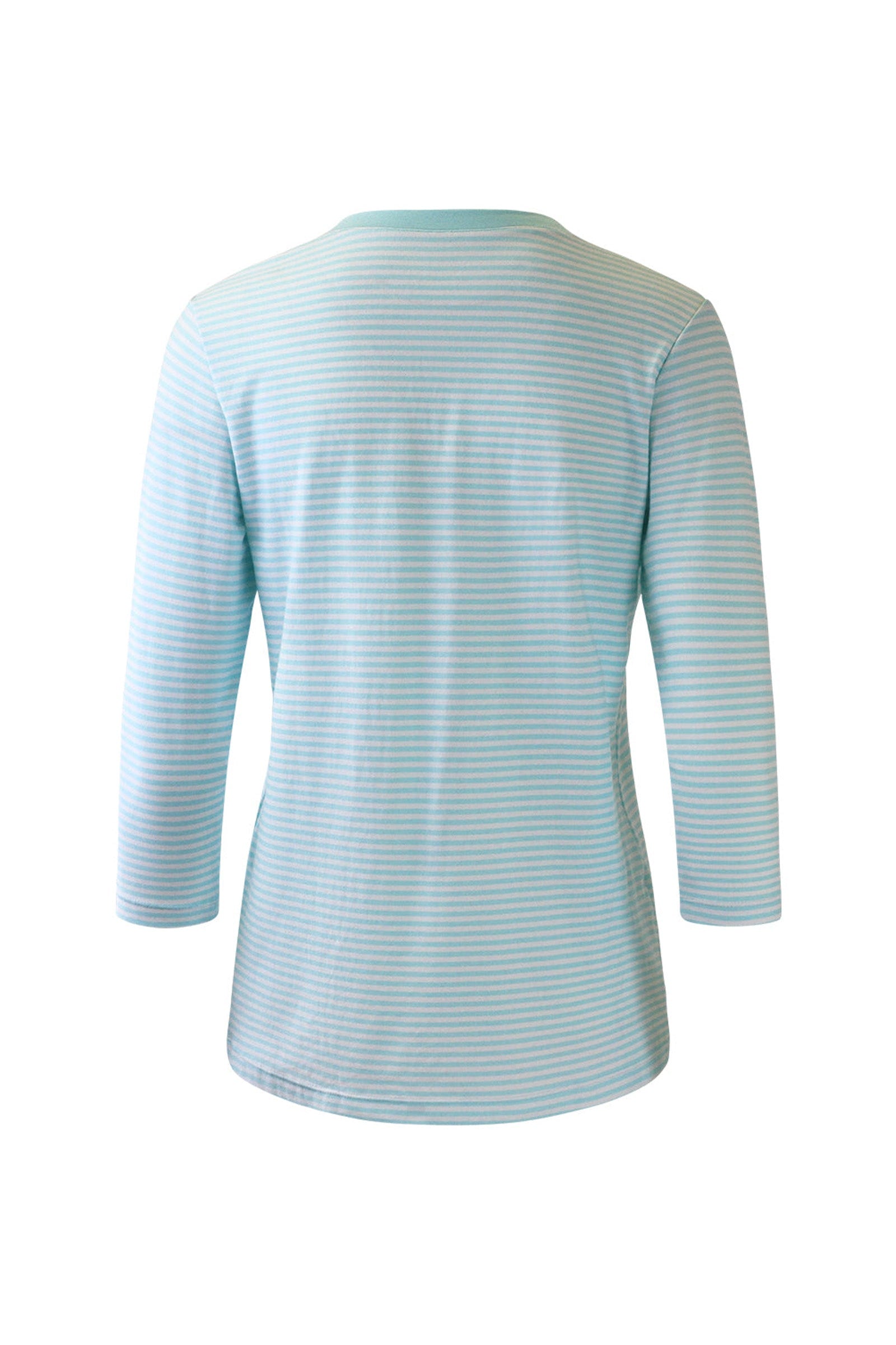 Back of the Women's 3/4 Sleeve V-Neck R&R Tee in Glacier Stripe|glacier-stripe