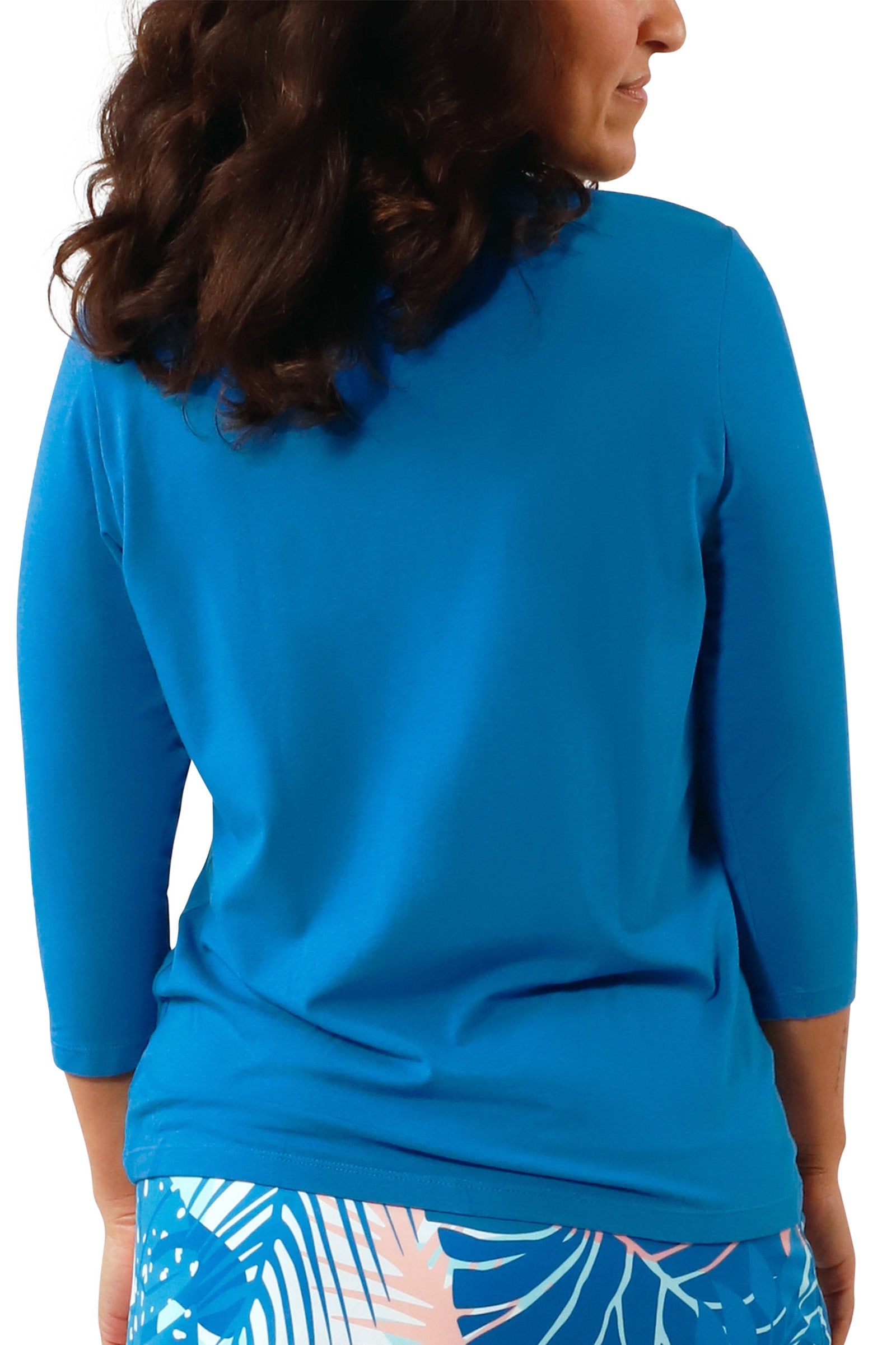 back view of Women's 3/4 Sleeve V-Neck R&R Tee in Mykonos Blue|mykonos-blue