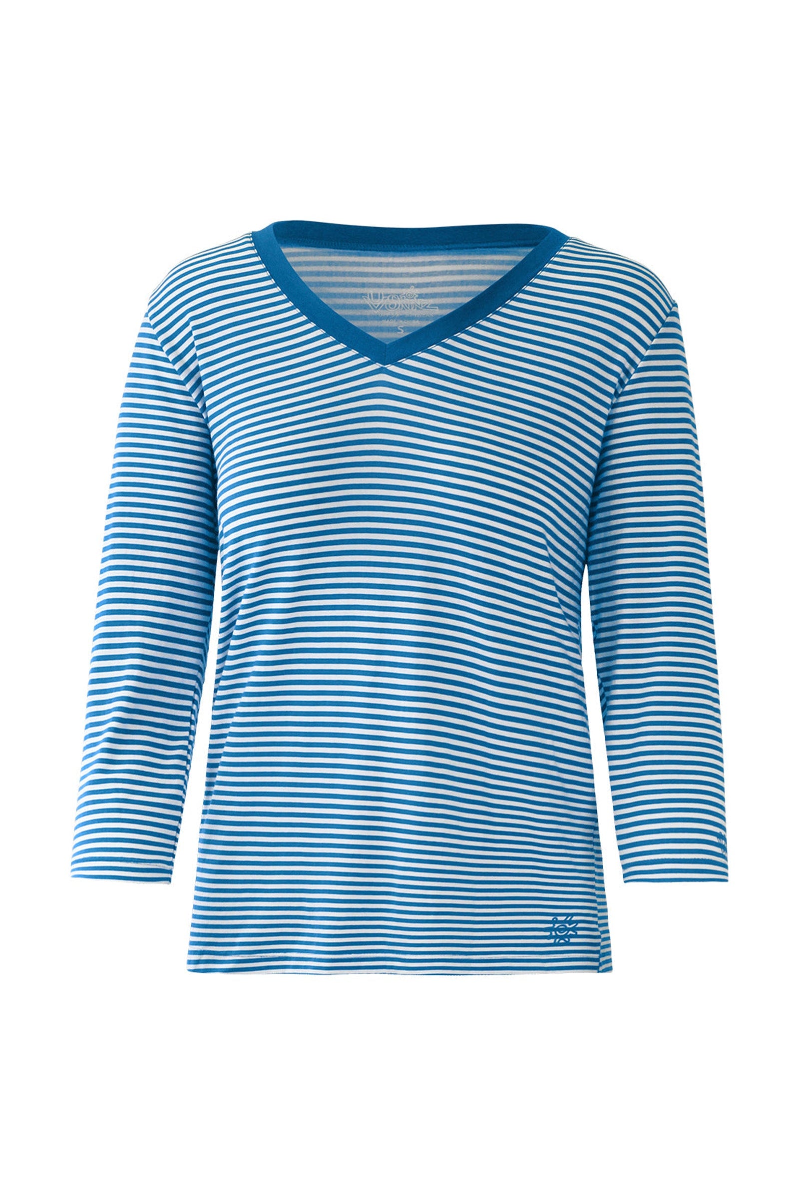 Women's 3/4 Sleeve V-Neck R&R Tee in Mykonos Stripe|mykonos-stripe