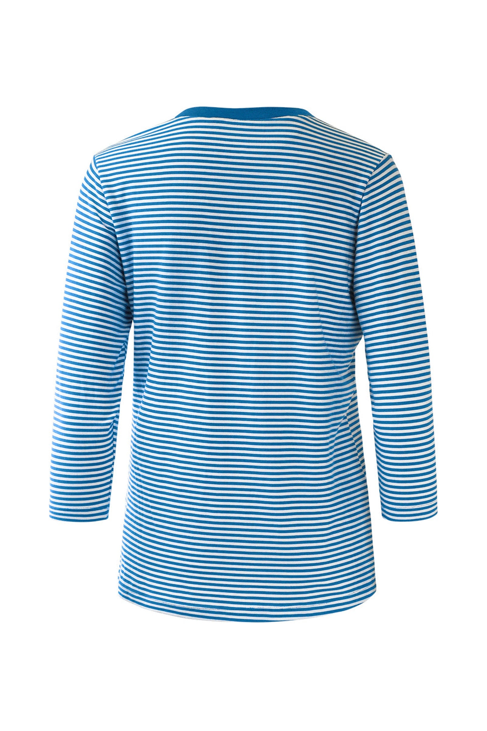 Back of the Women's 3/4 Sleeve V-Neck R&R Tee in Mykonos Stripe|mykonos-stripe