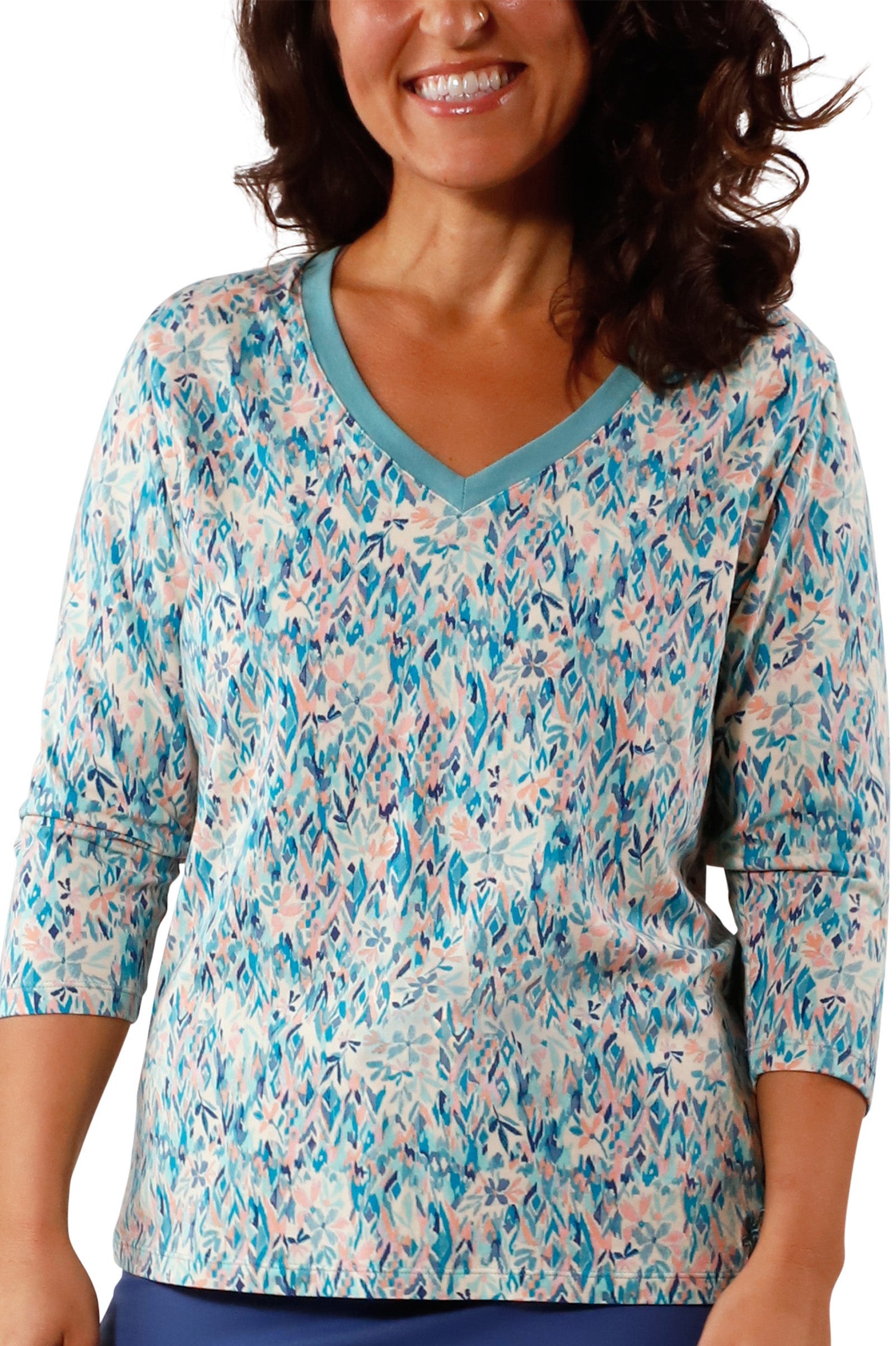 Women's 3/4 Sleeve V-Neck R&R Tee in River Painted Eden|river-painted-eden