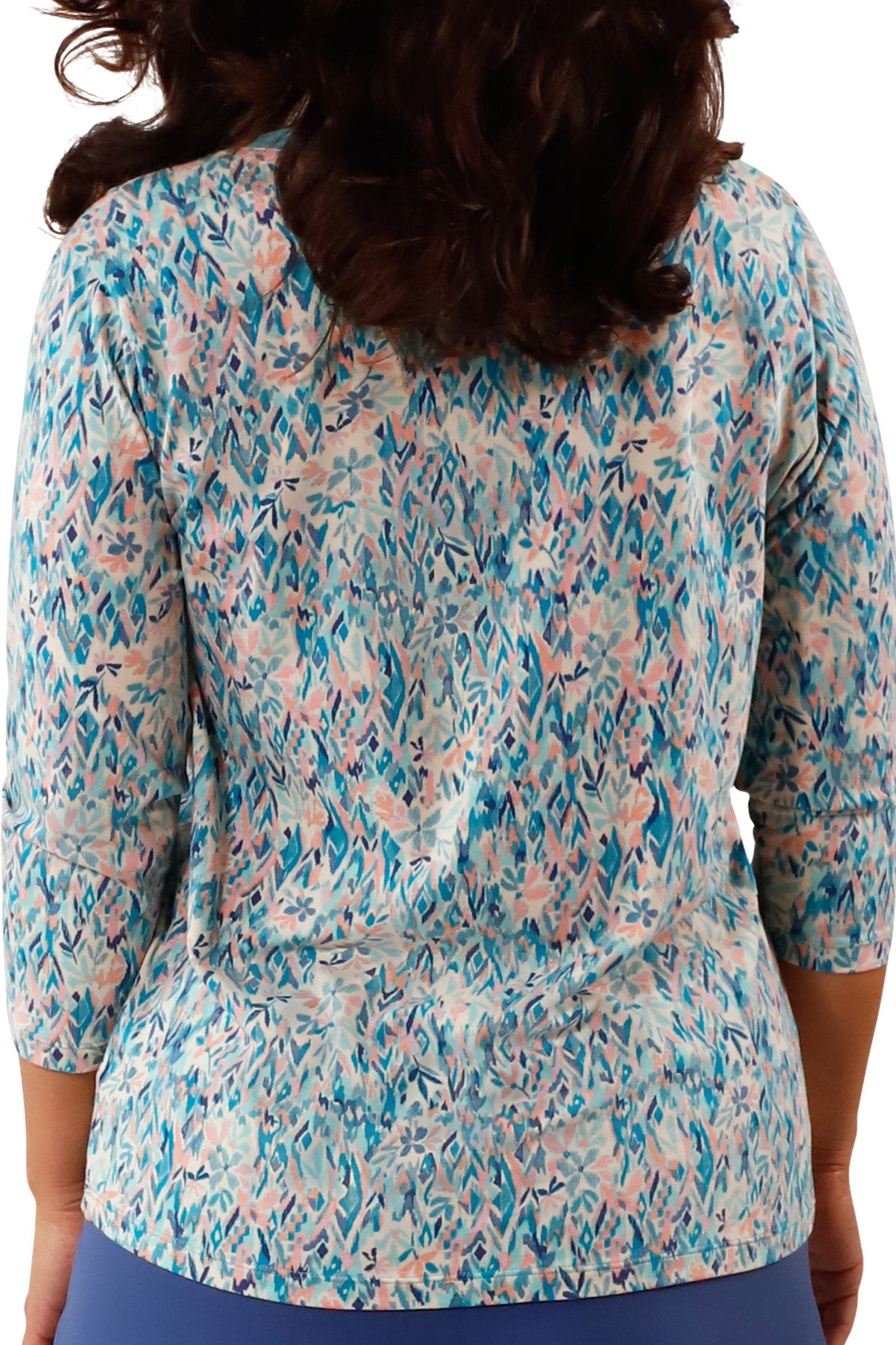 back view of Women's 3/4 Sleeve V-Neck R&R Tee in River Painted Eden|river-painted-eden