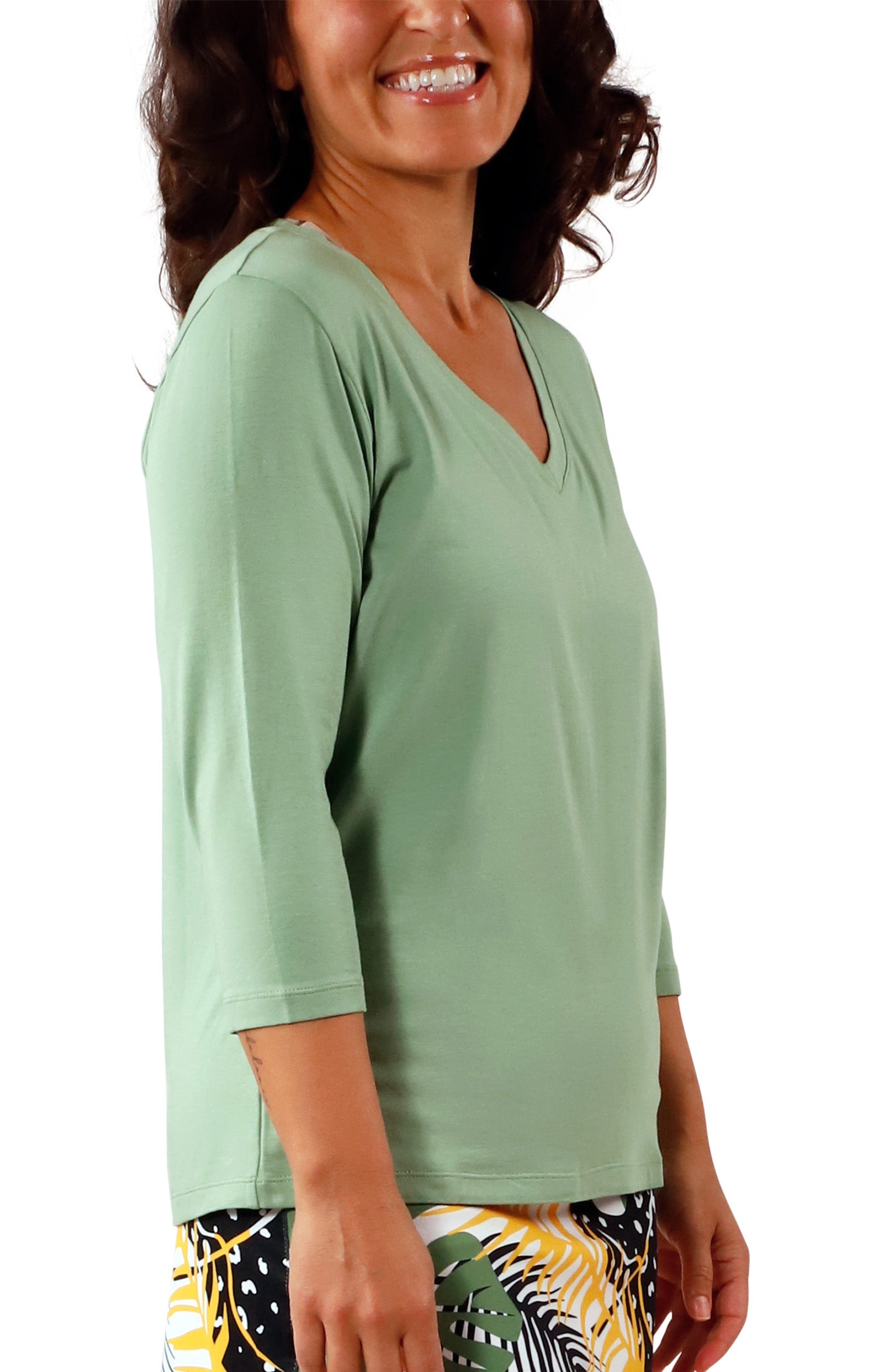side view of Women's 3/4 Sleeve V-Neck R&R Tee in Sage|sage
