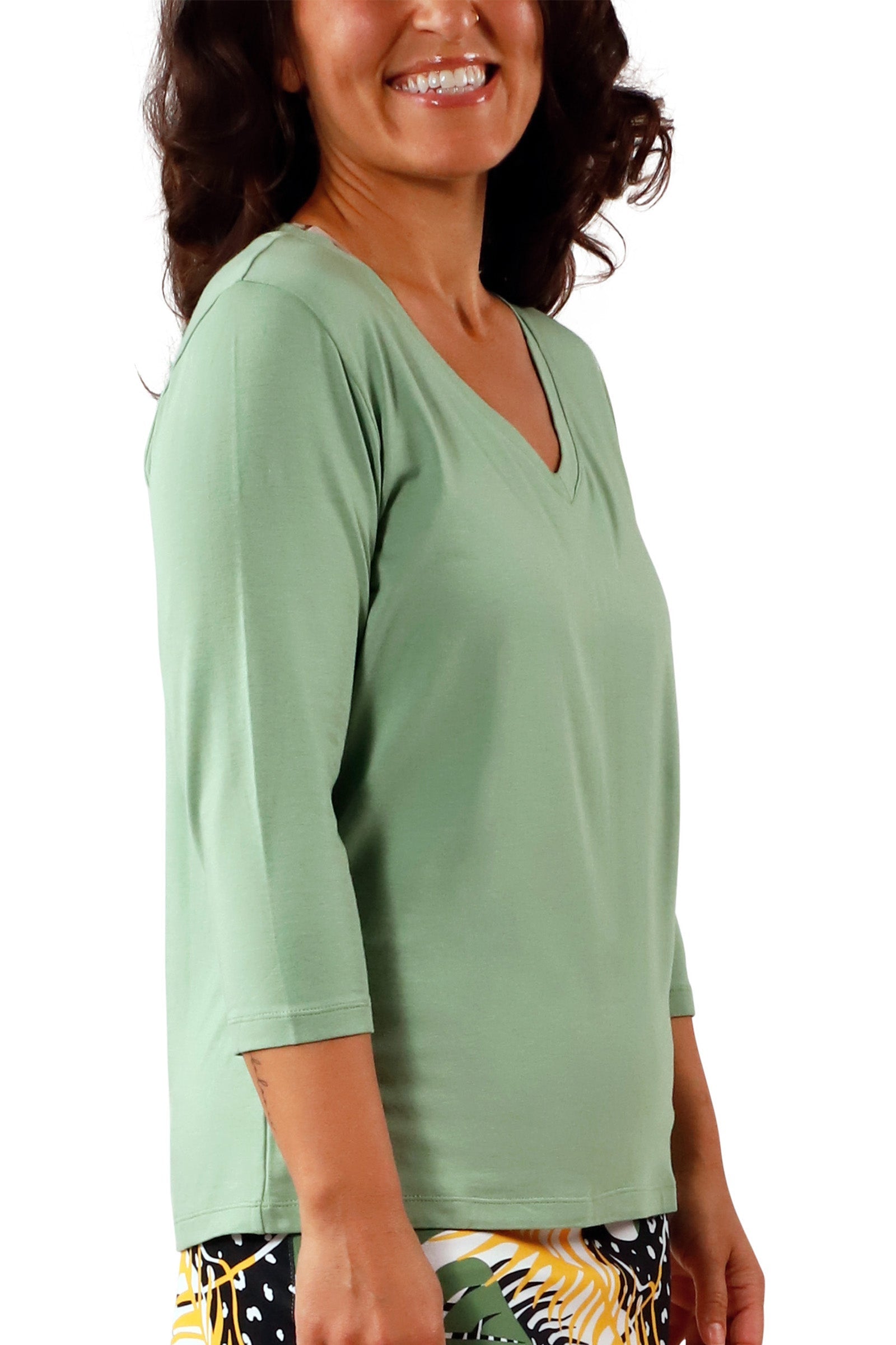 side view of Women's 3/4 Sleeve V-Neck R&R Tee in Sage|sage