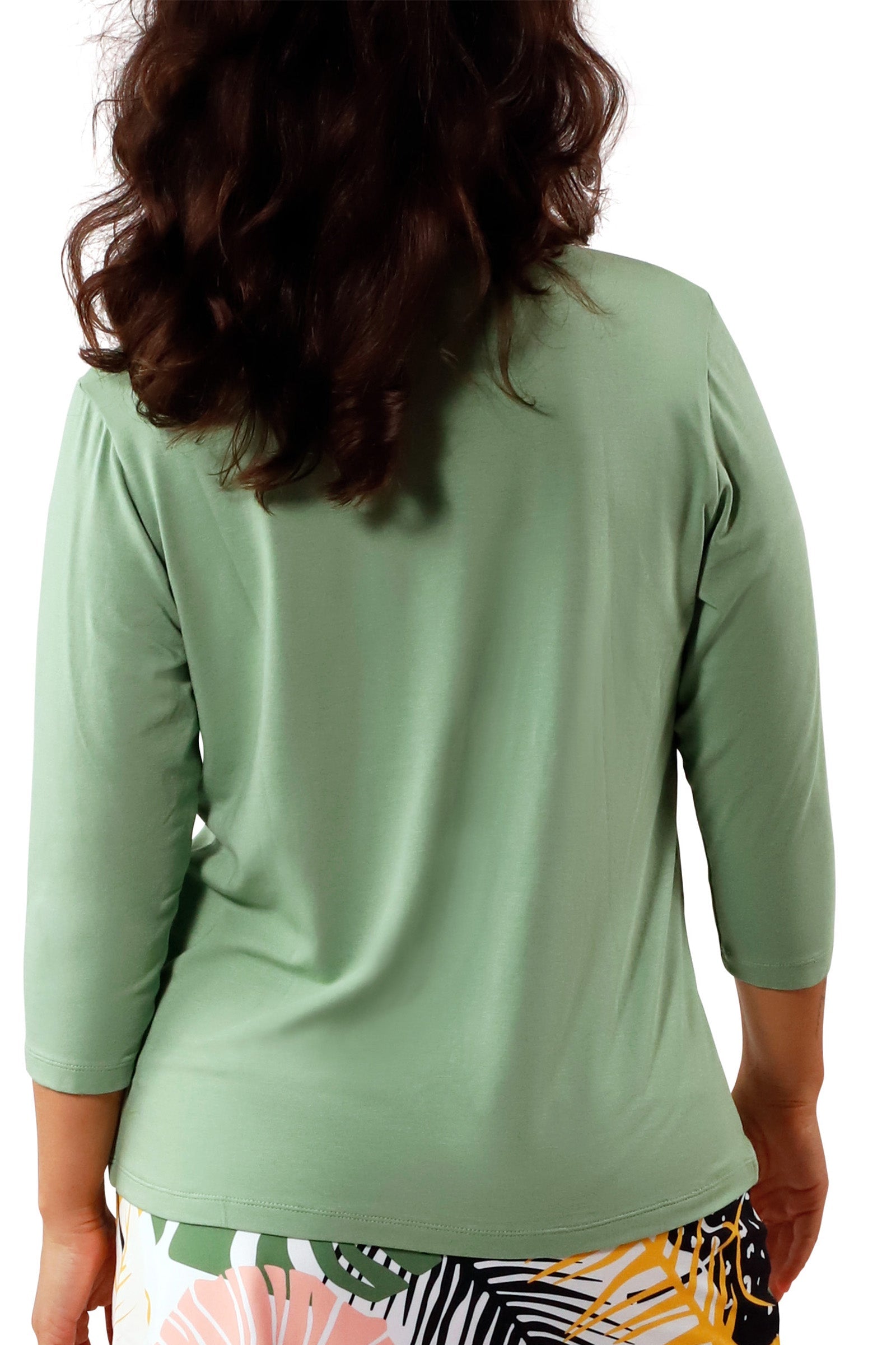 back view of Women's 3/4 Sleeve V-Neck R&R Tee in Sage|sage