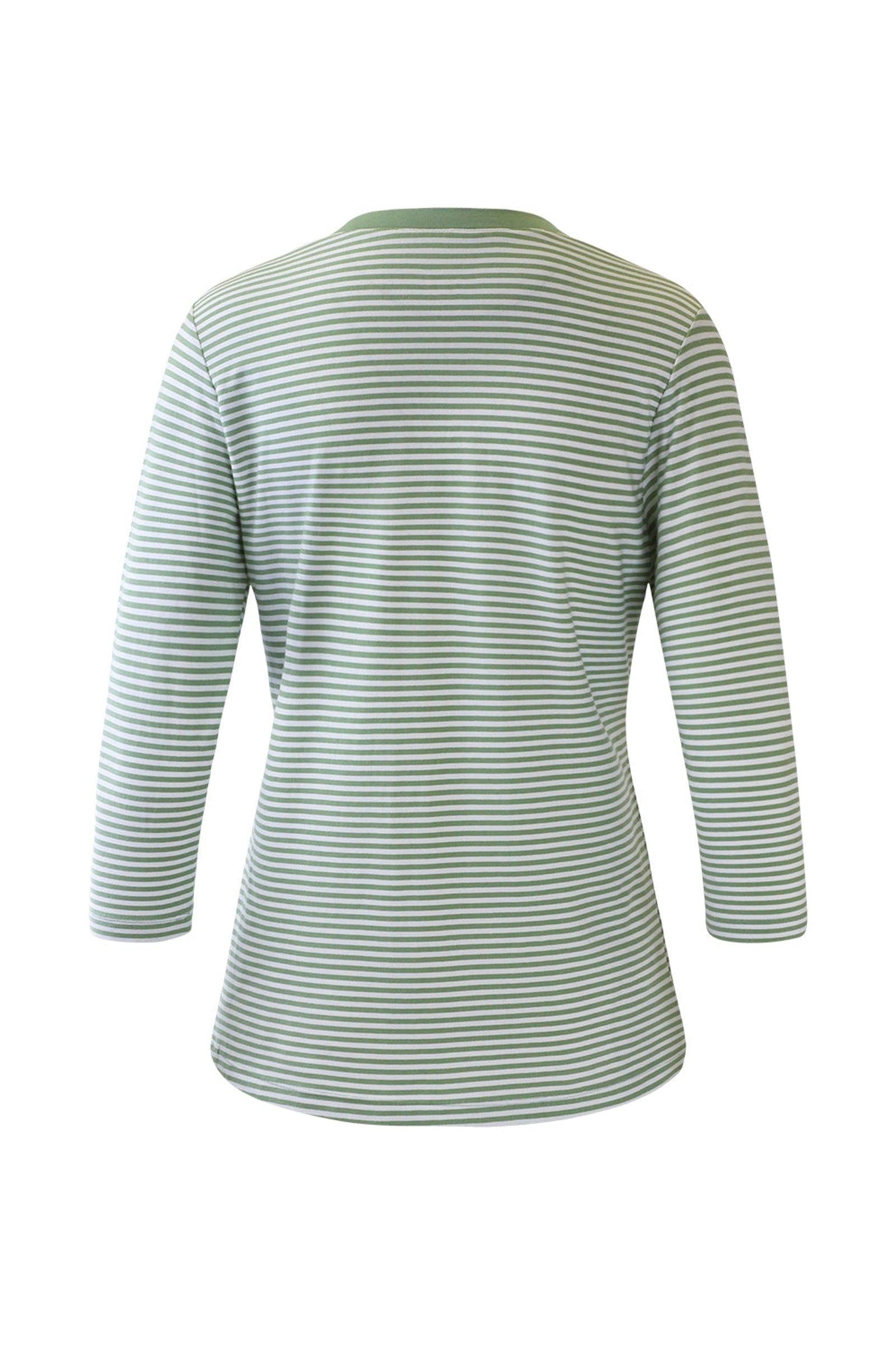 Back of the Women's 3/4 Sleeve V-Neck R&R Tee in Sage Stripe|sage-stripe