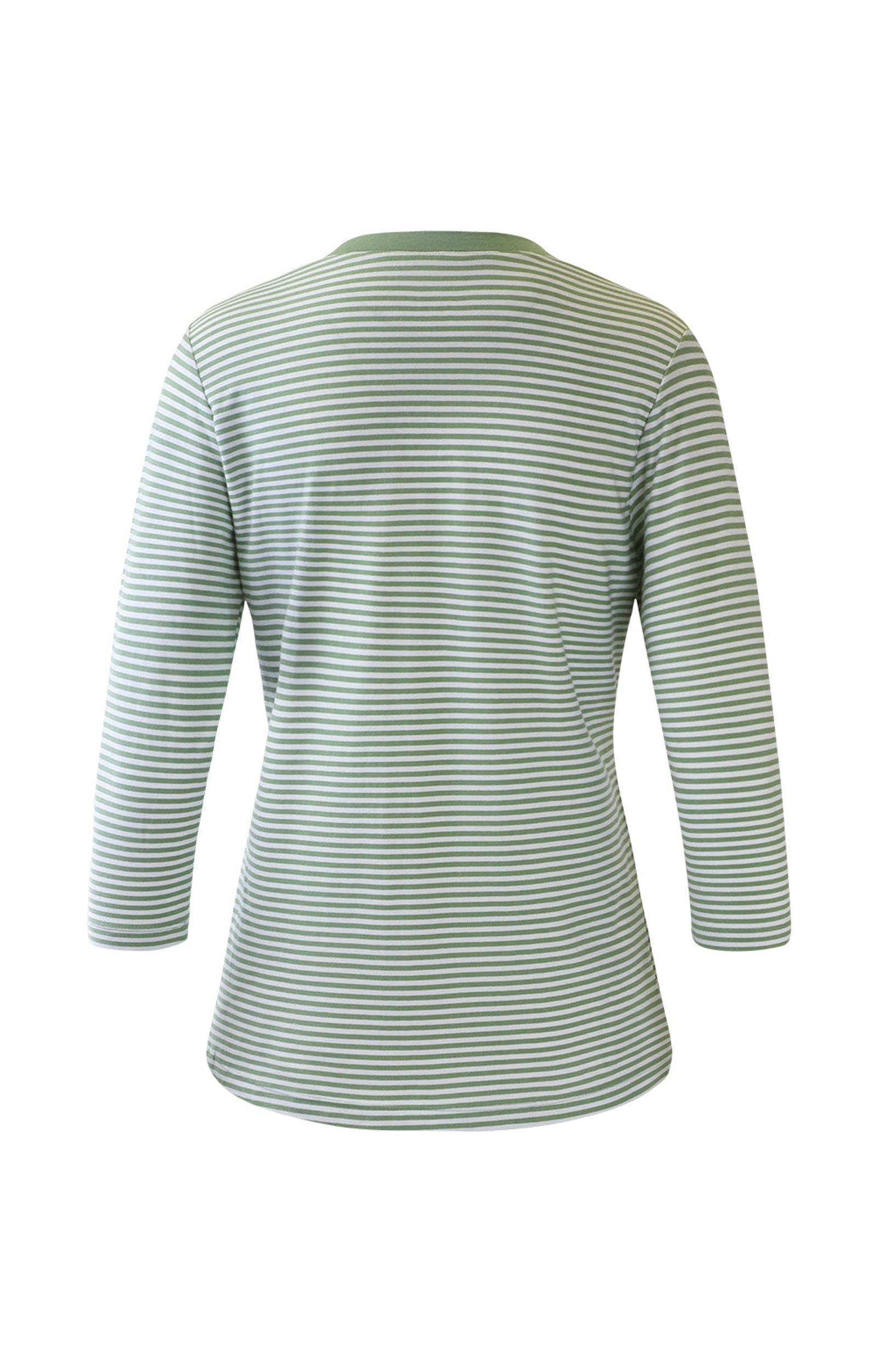 Back of the Women's 3/4 Sleeve V-Neck R&R Tee in Sage Stripe|sage-stripe