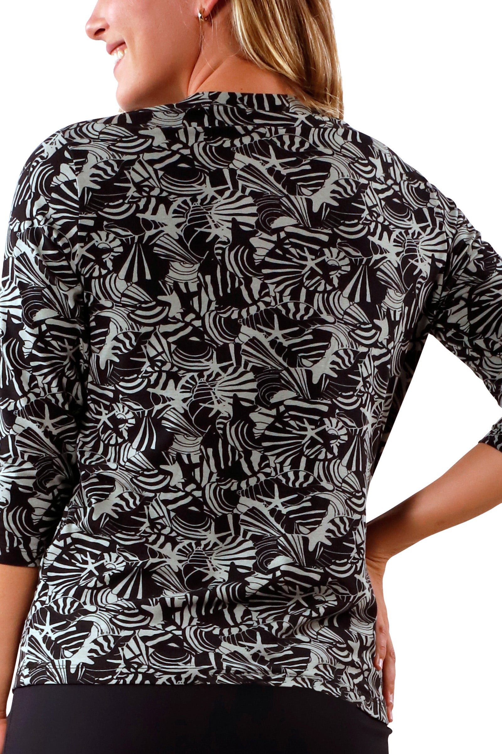 back view of womens vneck r&r tee in shadow shells|shadow-shells