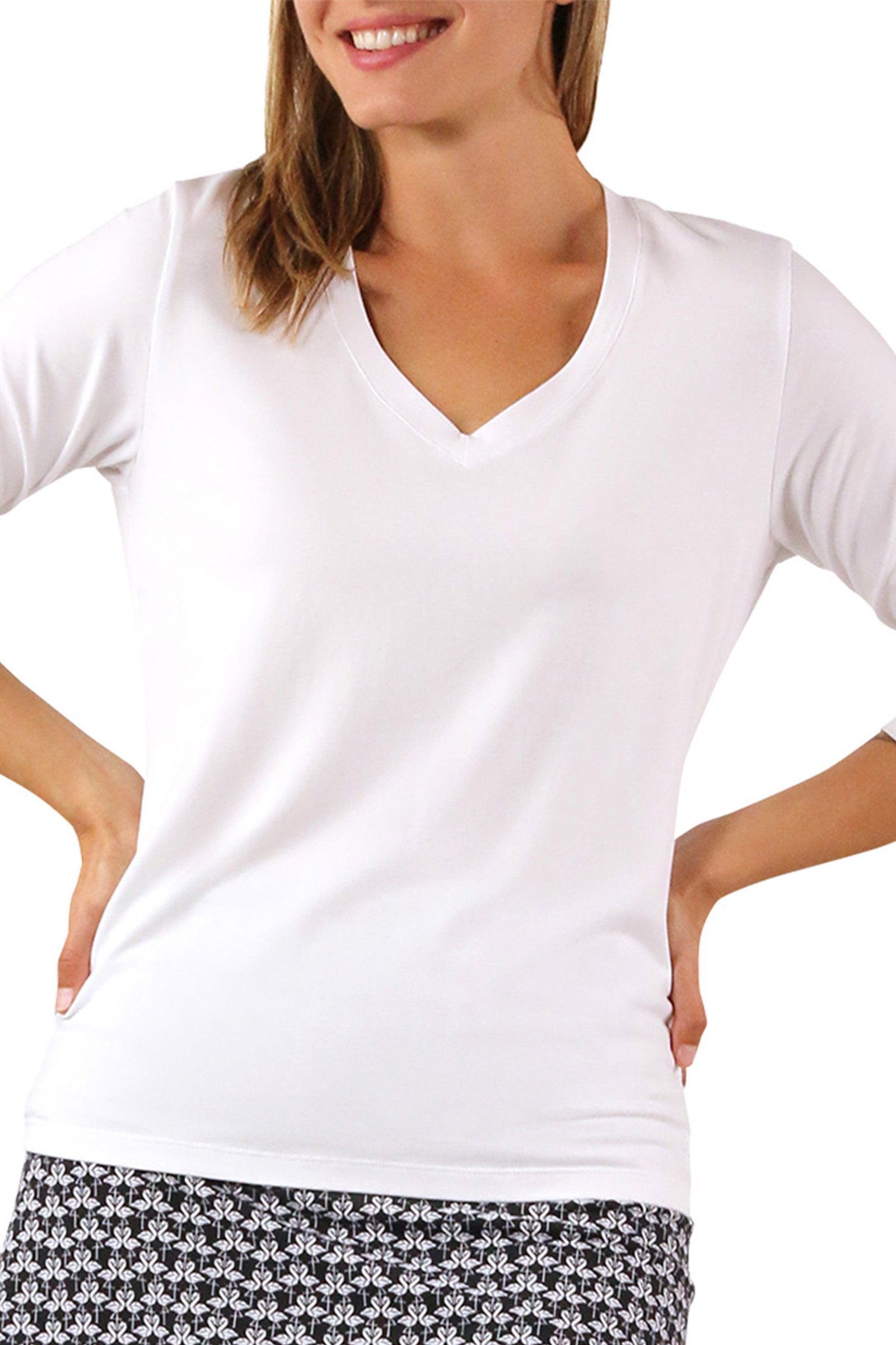 Women's 3/4 Sleeve V-Neck R&R Tee in White|white