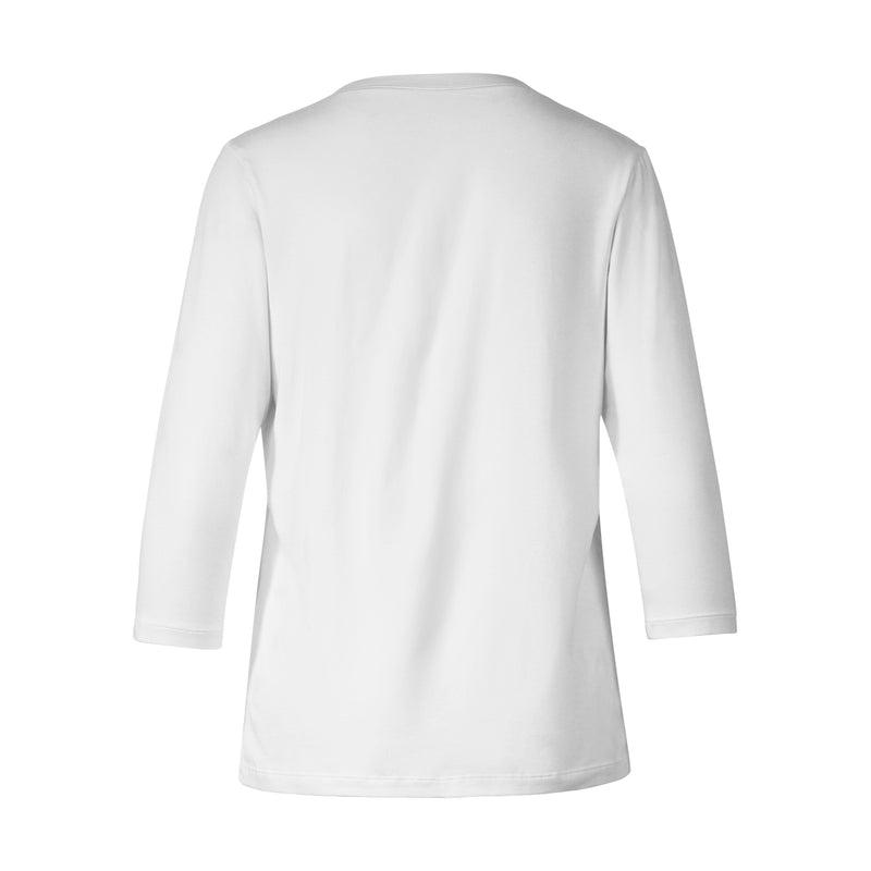 Back of the Women's 3/4 Sleeve V-Neck R&R Tee in white|white