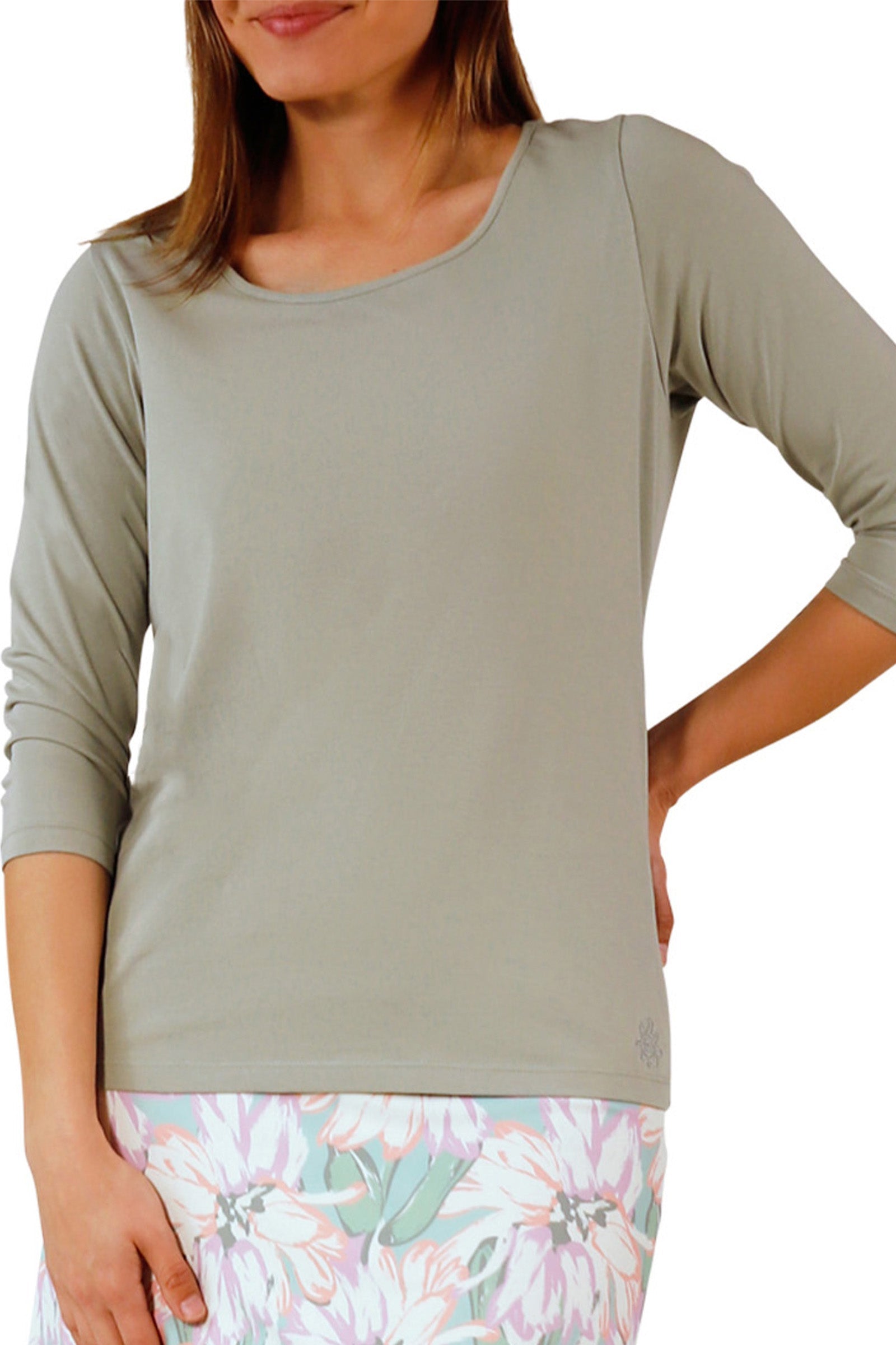 women's 3/4 sleeve scoop neck r&r tee|agave