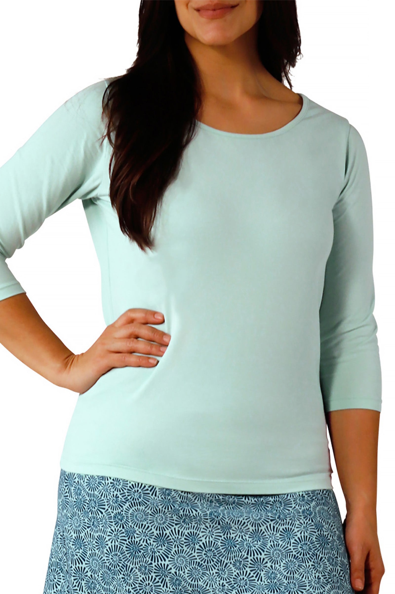 womens 3/4 sleeve scoop neck r&r tee in dewdrop|dewdrop