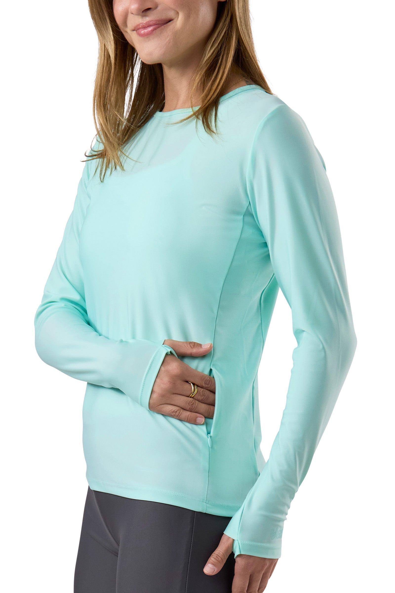 side view of the omen's long sleeve crew swim shirt in beach glass|beach-glass