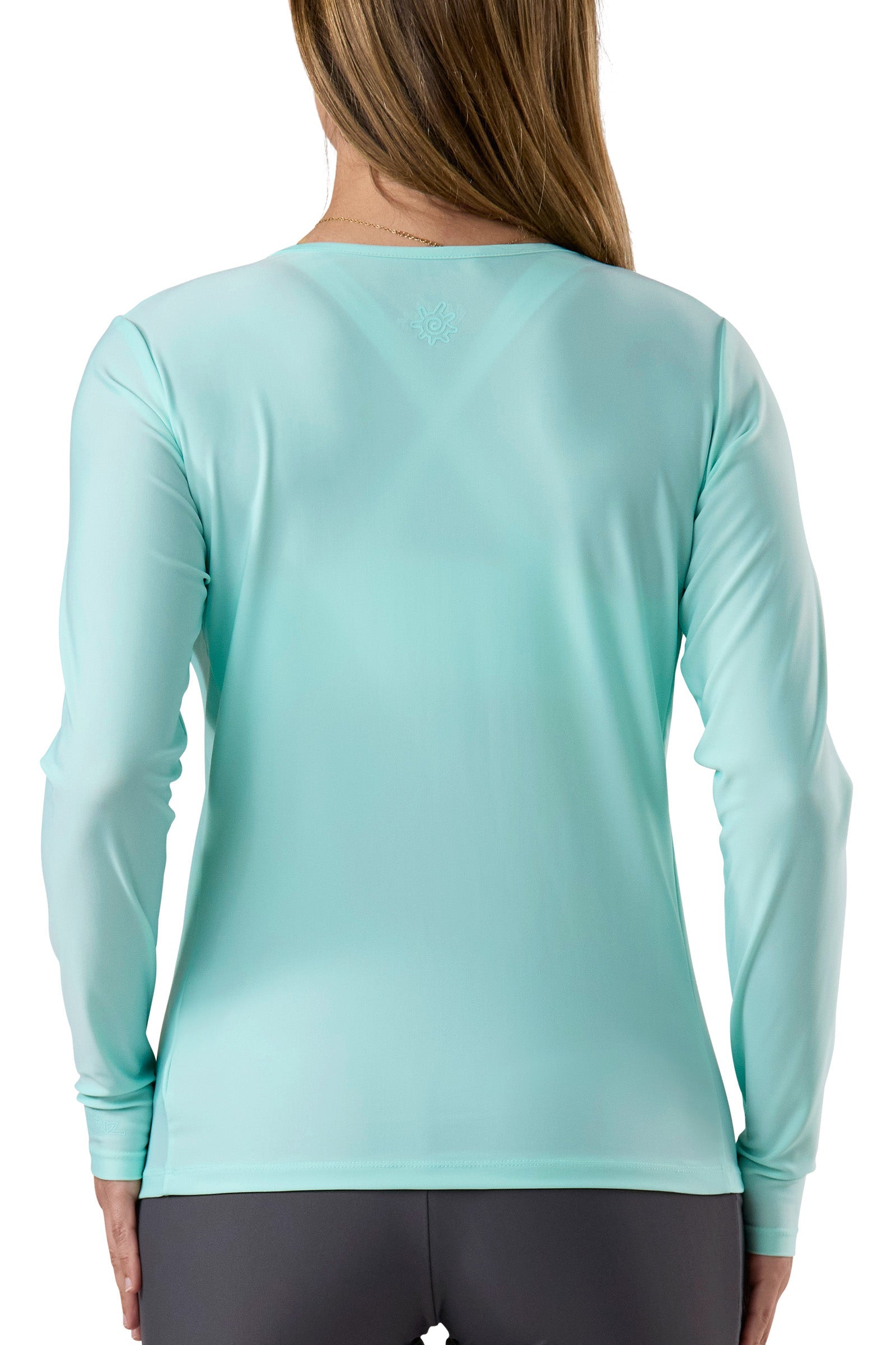 back of the women's long sleeve crew swim shirt in beach glass|beach-glass