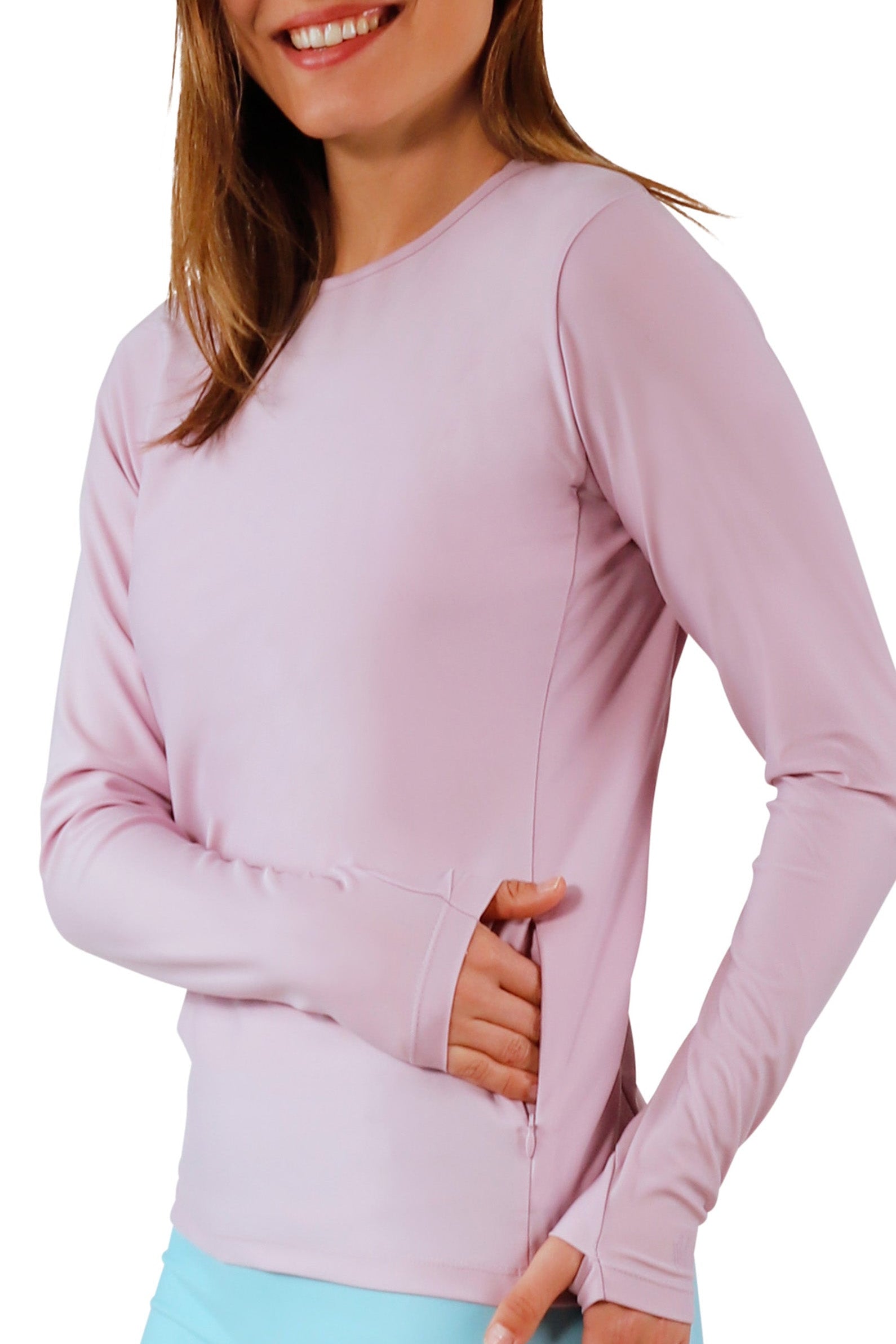 pocket view of womens long sleeve crew sun and swim shirt in lotus|lotus