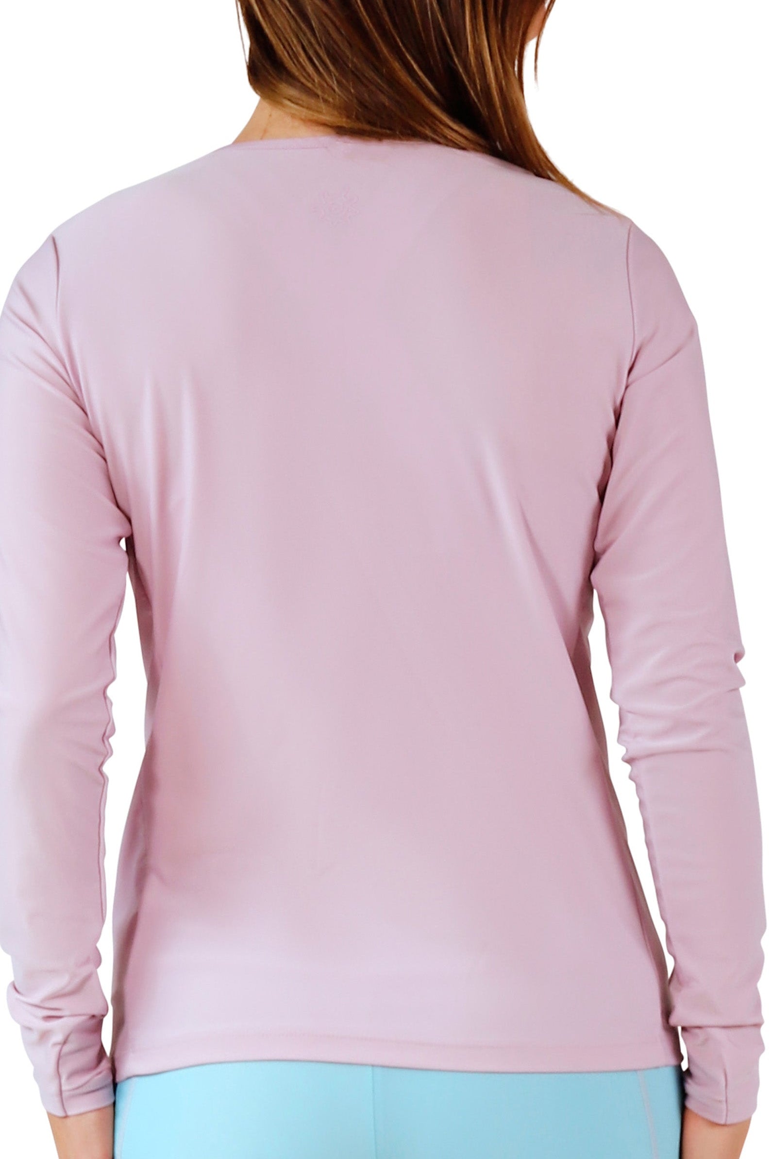 back view of womens long sleeve crew sun and swim shirt in lotus|lotus
